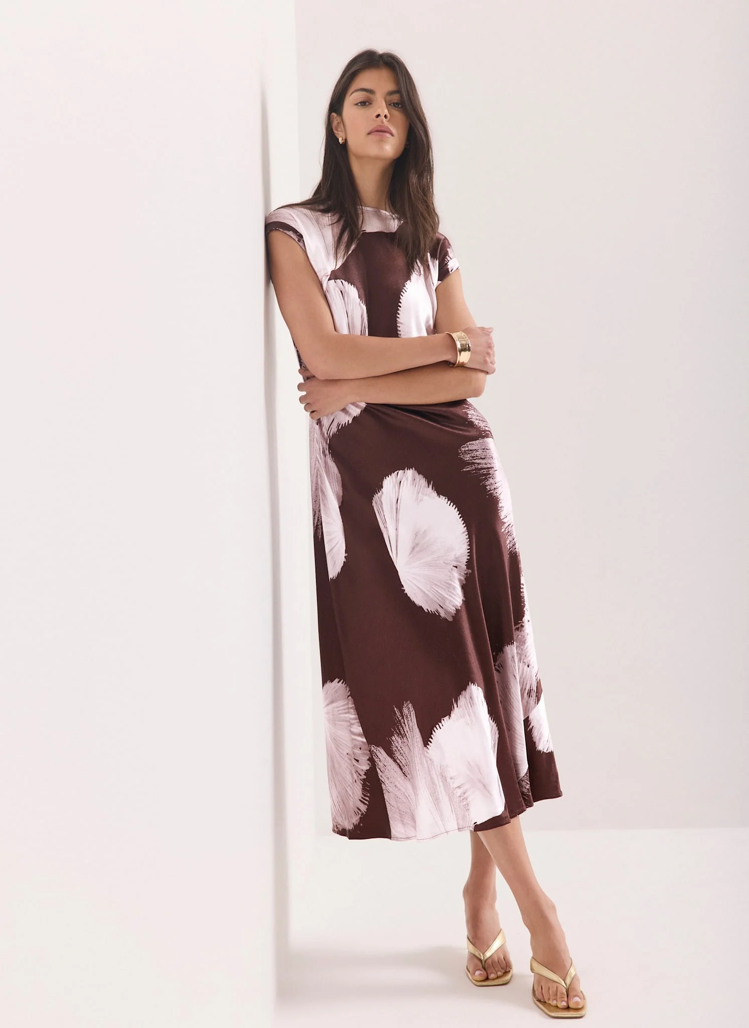 Brown Satin Abstract Print Midi Dress - Image 5