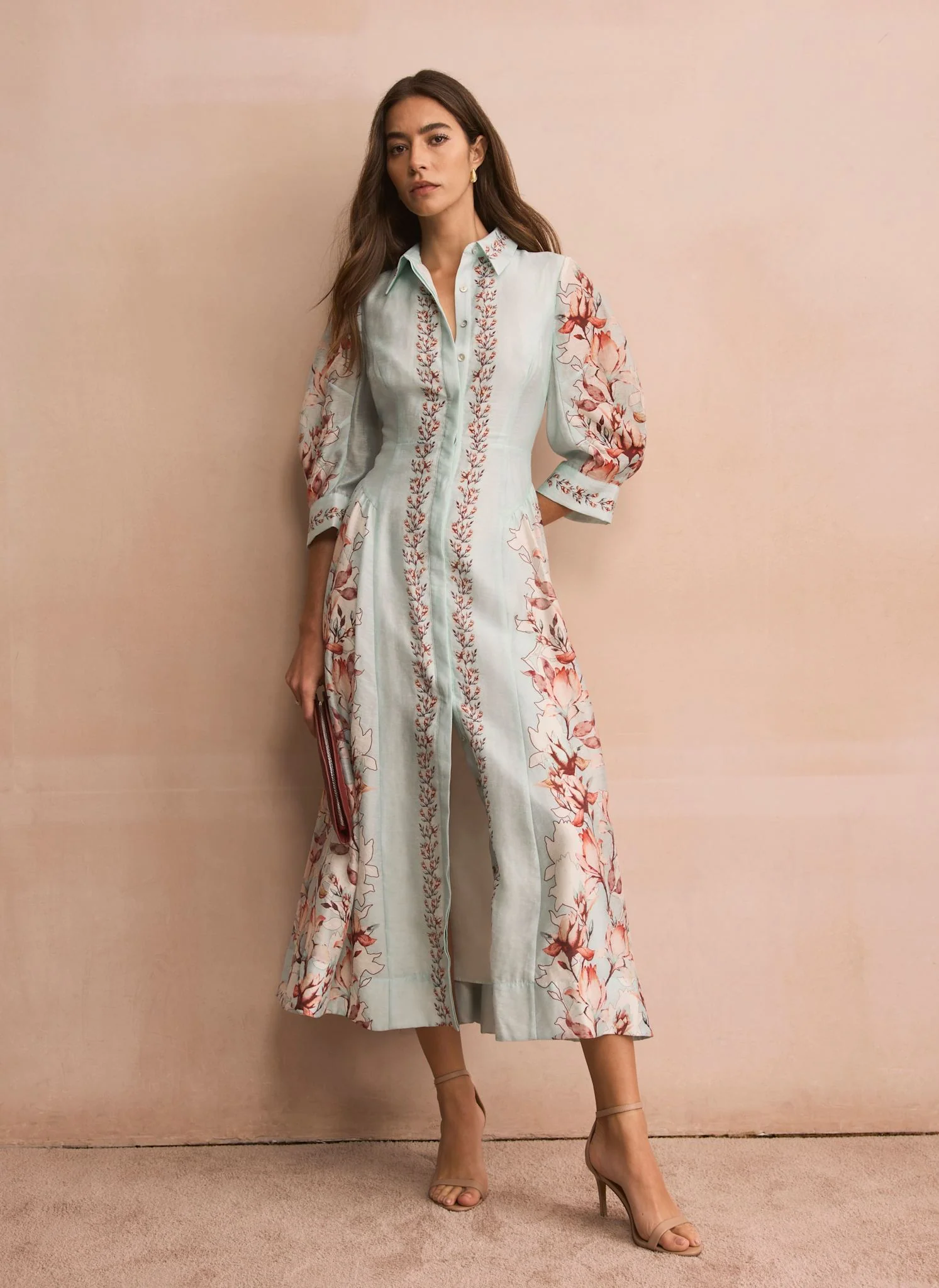 Blue Floral Print Midi Shirt Dress - Image 2