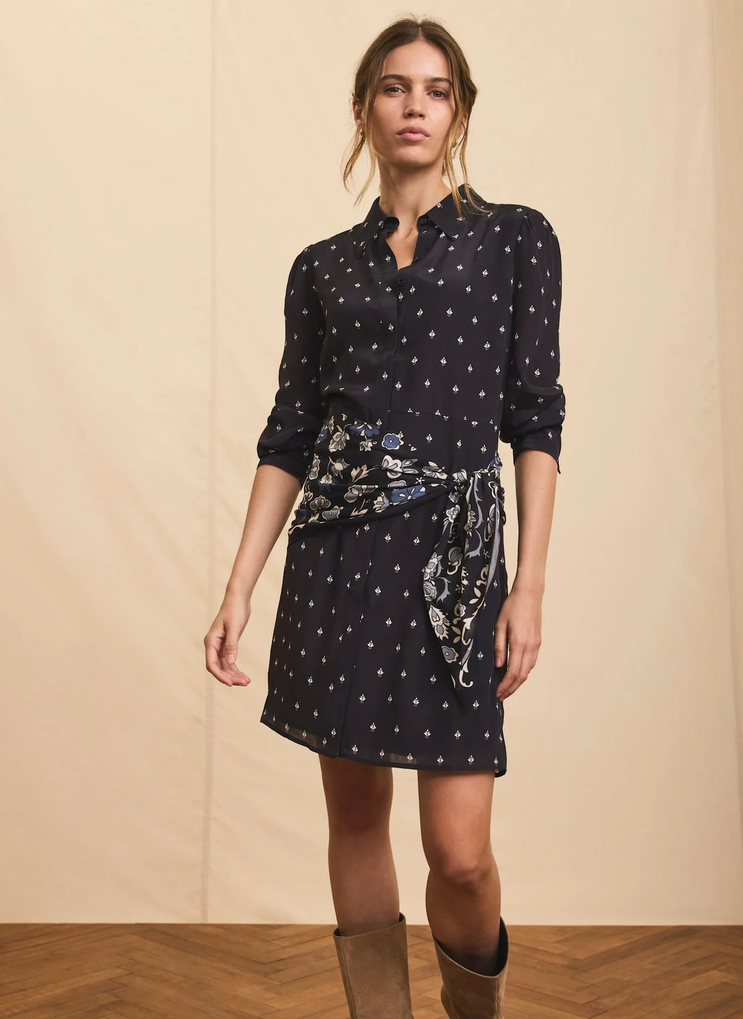 Navy Print Scarf Detail Mini Dress - Image 5