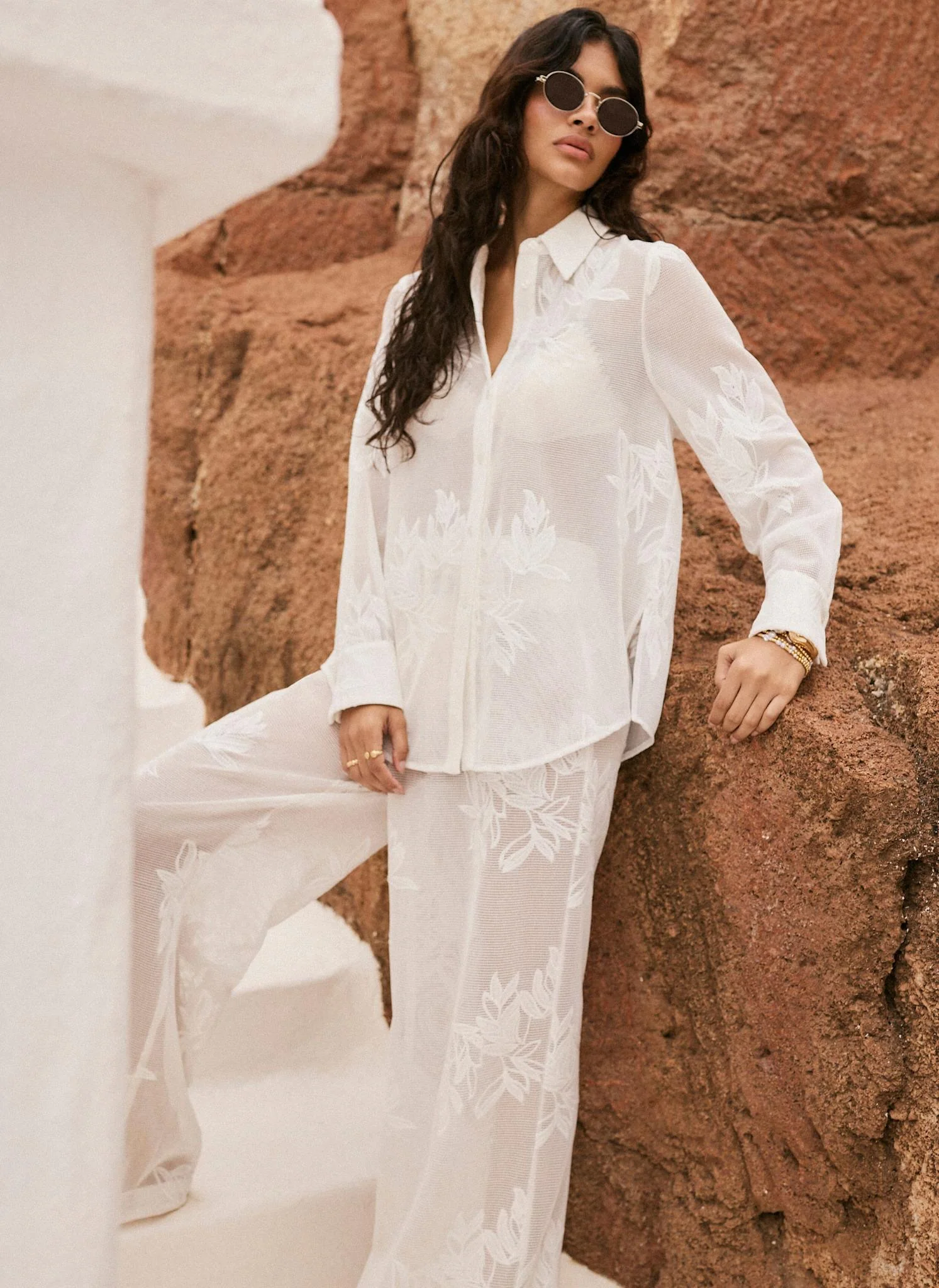 White Floral Detail Mesh Trousers - Image 3