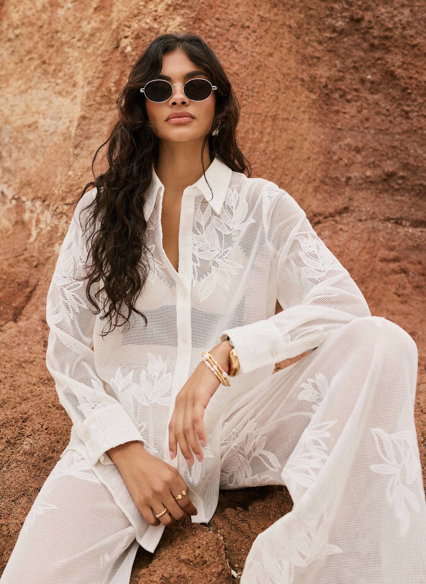White Floral Detail Mesh Trousers - Image 4