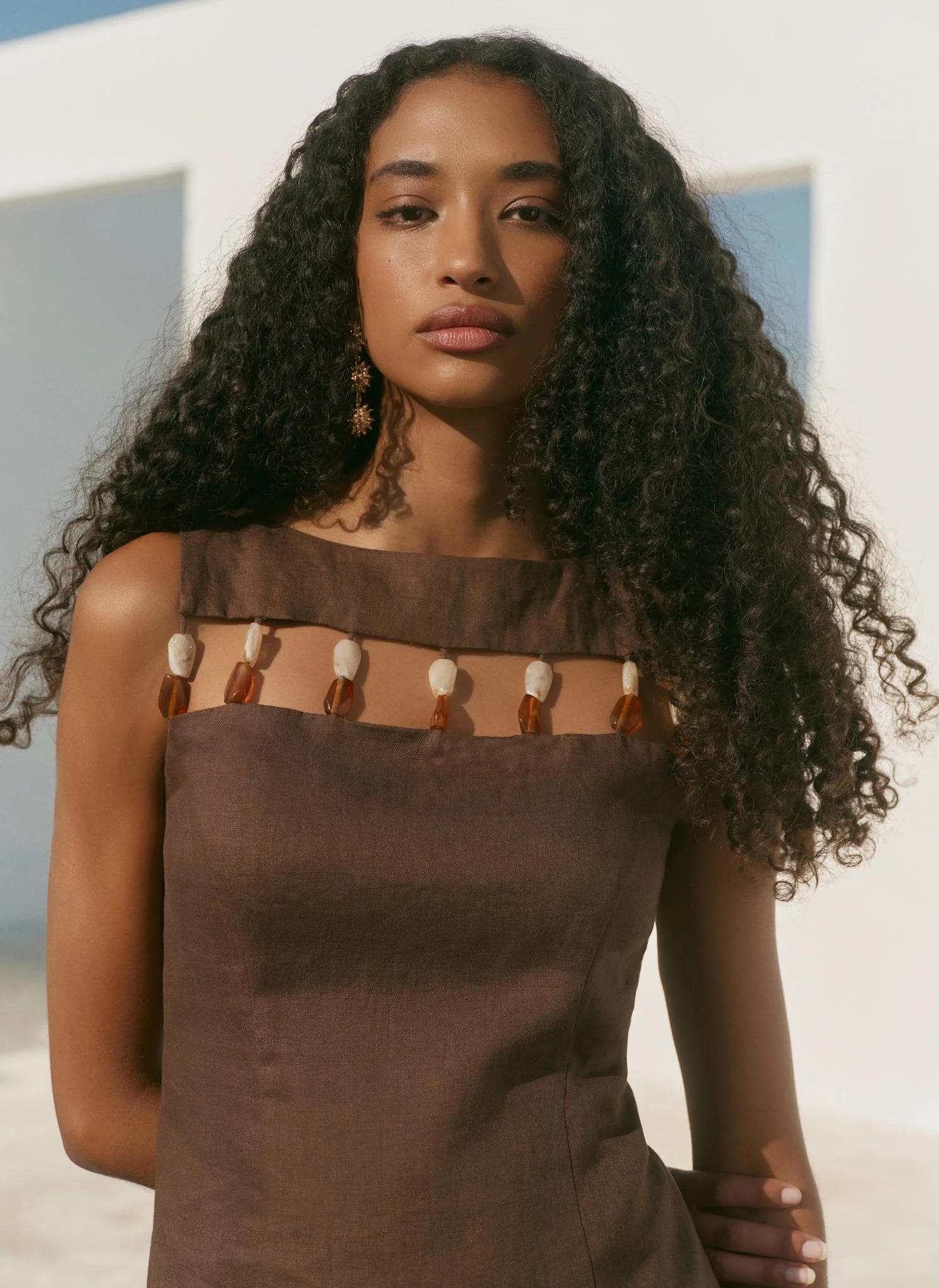 Brown Linen Beaded Mini Dress - Image 3