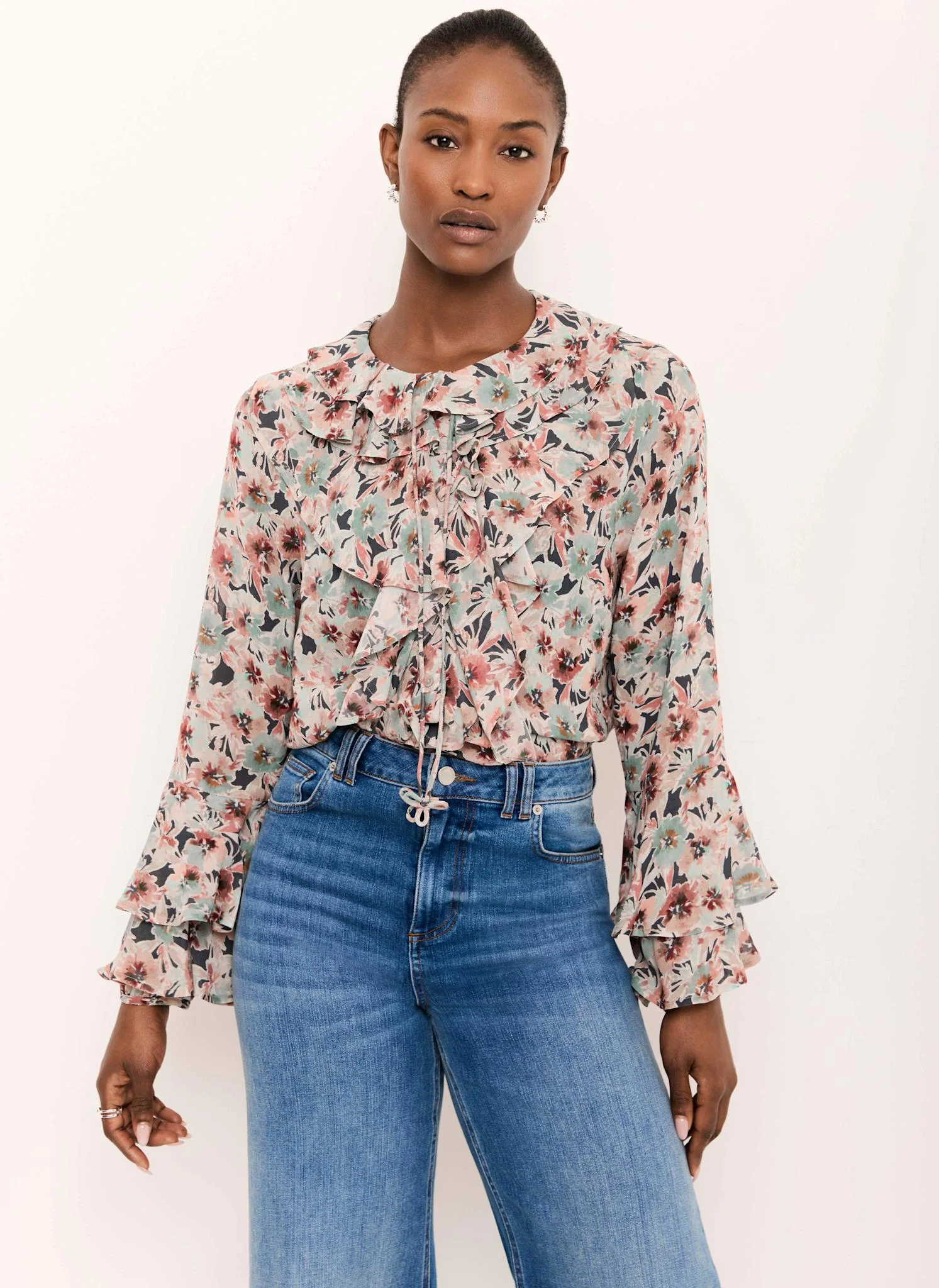 Green Floral Print Ruffle Blouse - Image 3