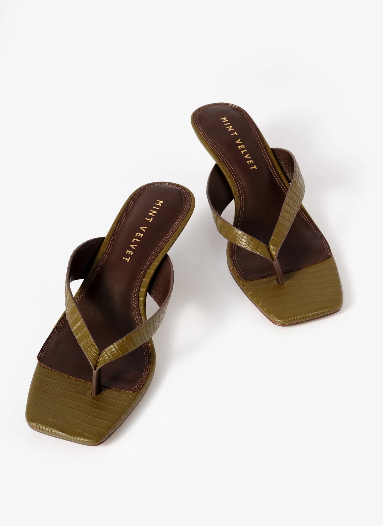 Betty Khaki Leather Flip Flop Heels - Image 3