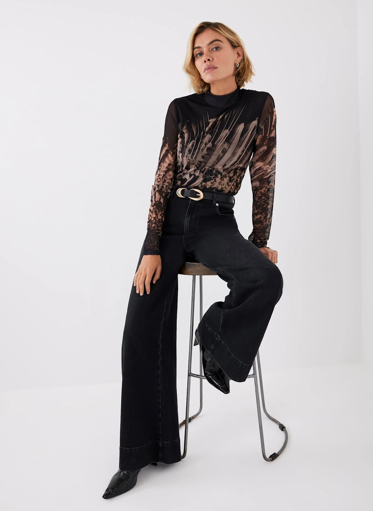 Black Feather Print Mesh Top - Image 3