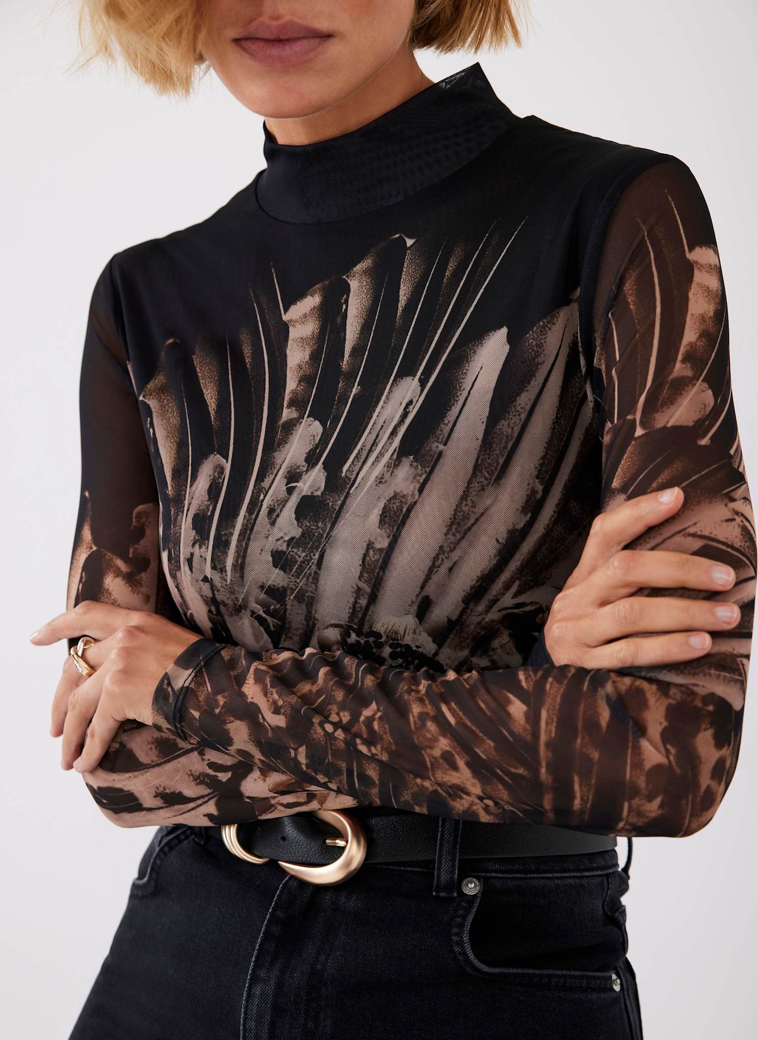 Black Feather Print Mesh Top - Image 4