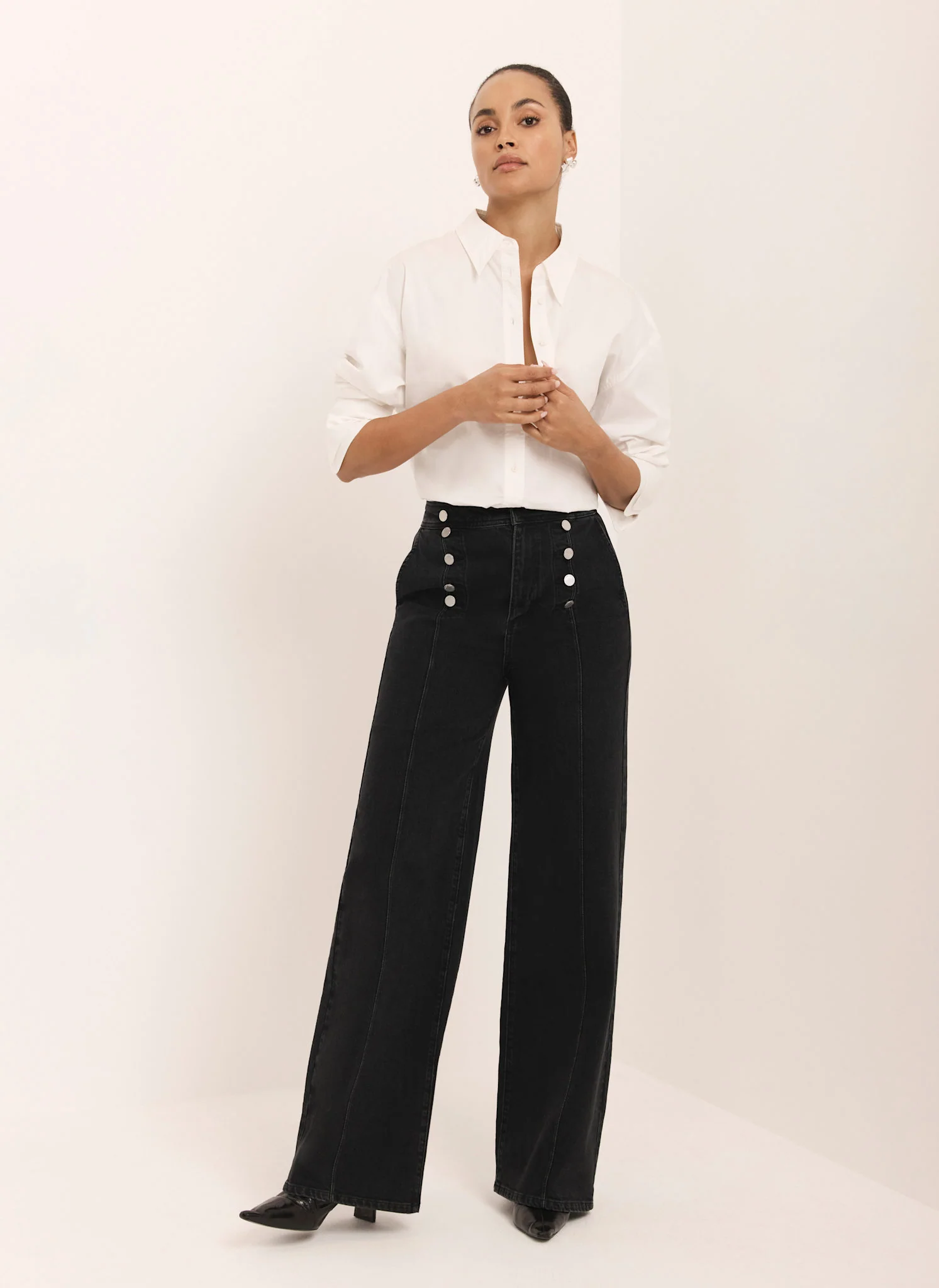 Black Button Detail Wide Jeans