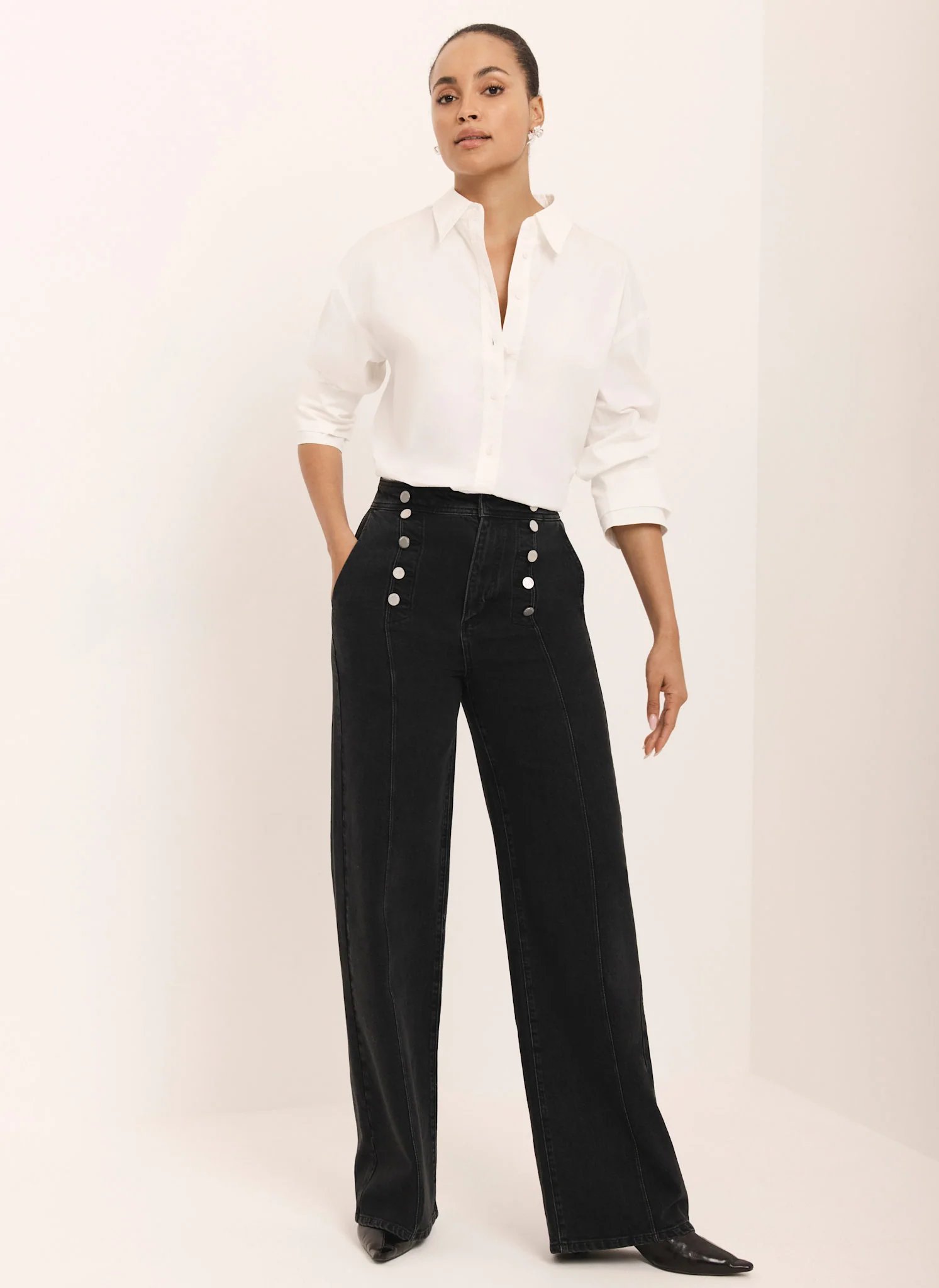 Black Button Detail Wide Jeans - Image 2