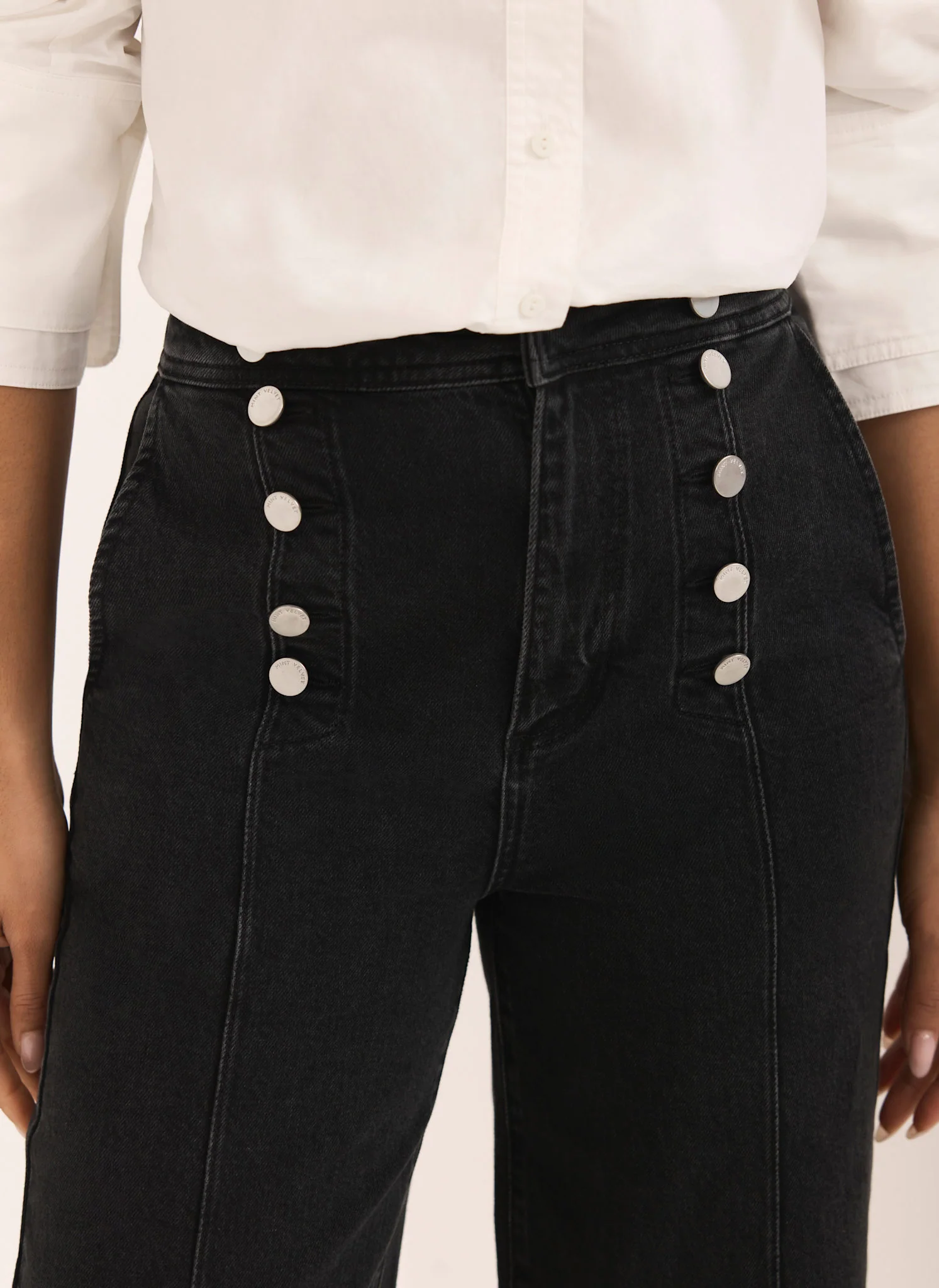 Black Button Detail Wide Jeans - Image 3