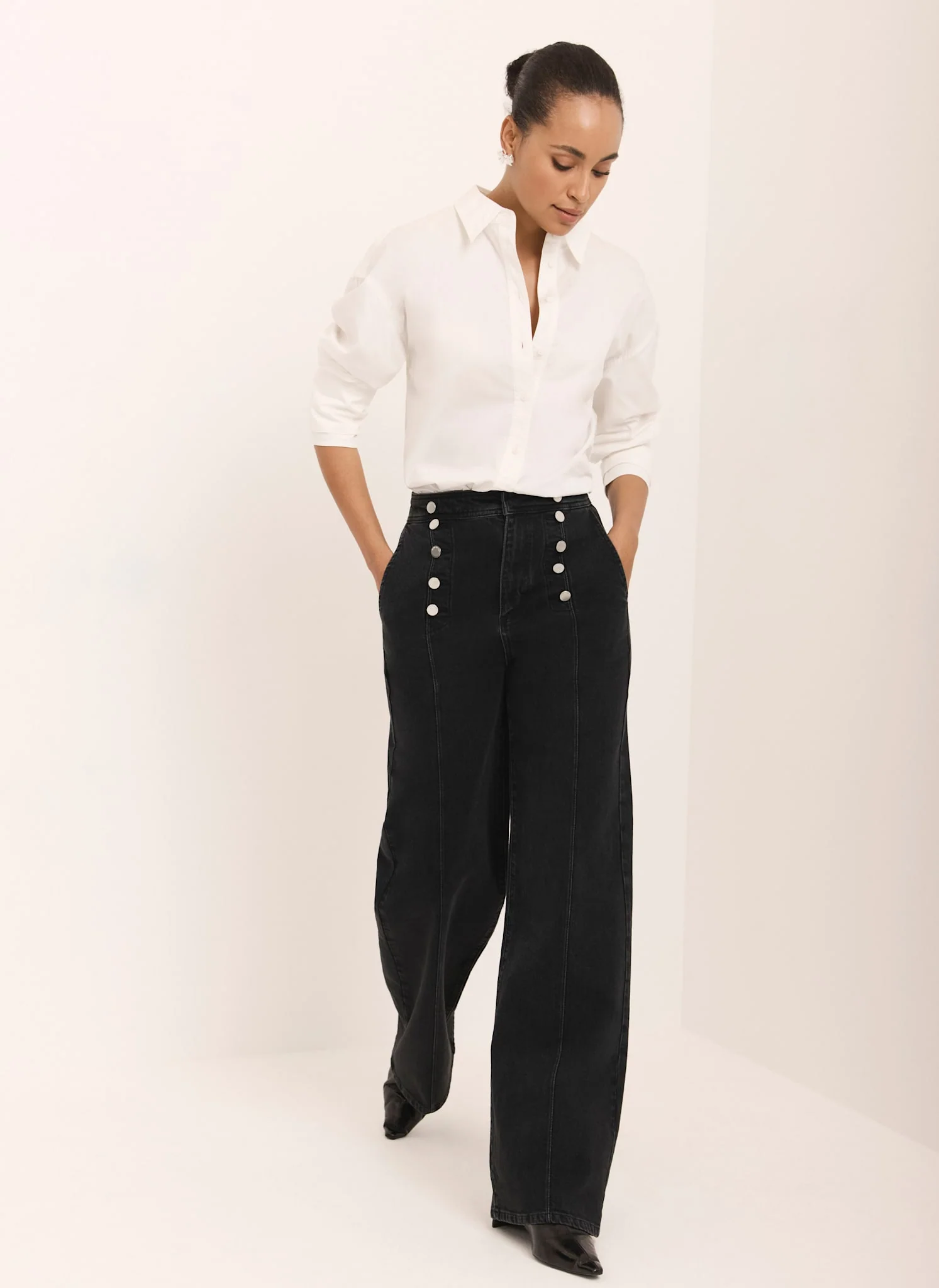 Black Button Detail Wide Jeans - Image 4
