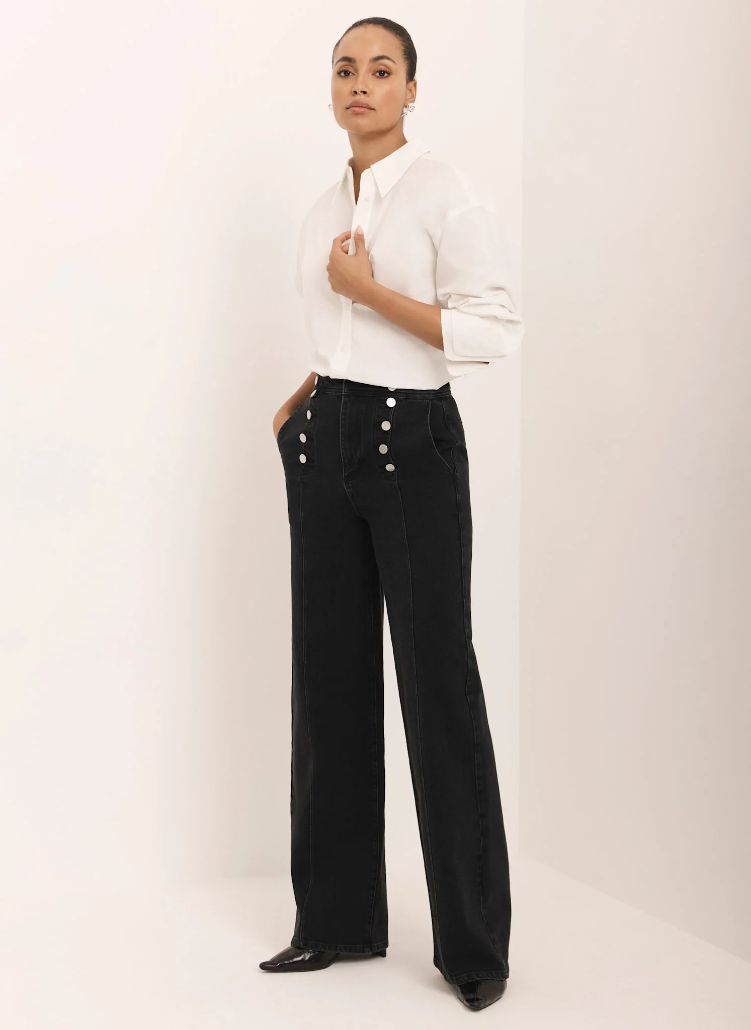 Black Button Detail Wide Jeans - Image 5