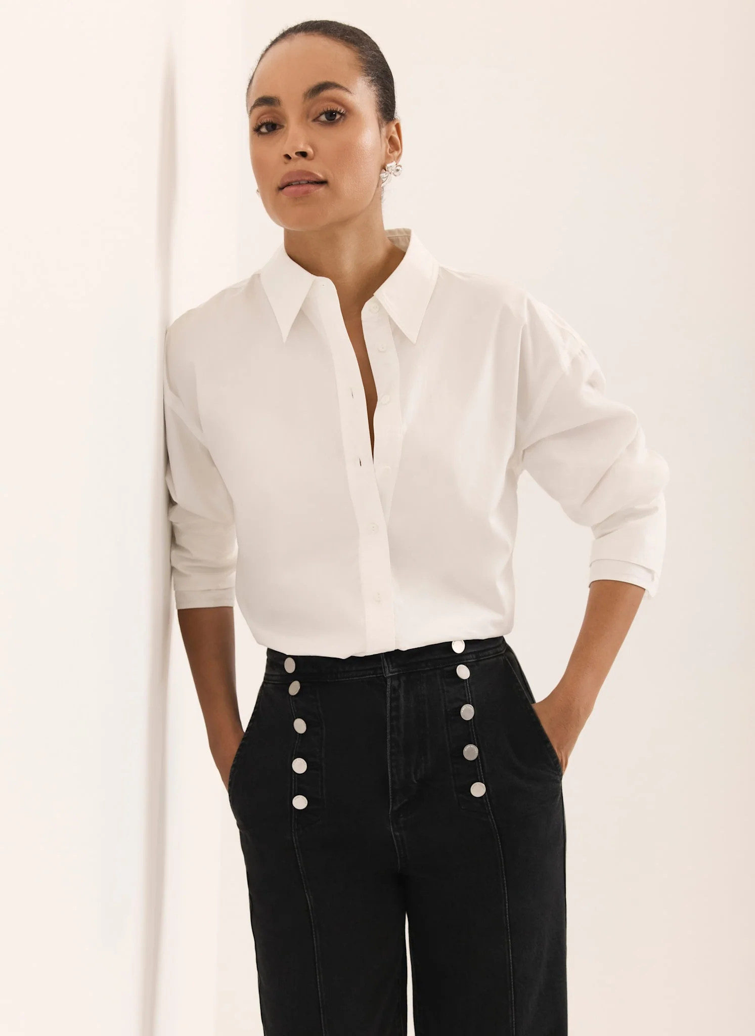Black Button Detail Wide Jeans - Image 6