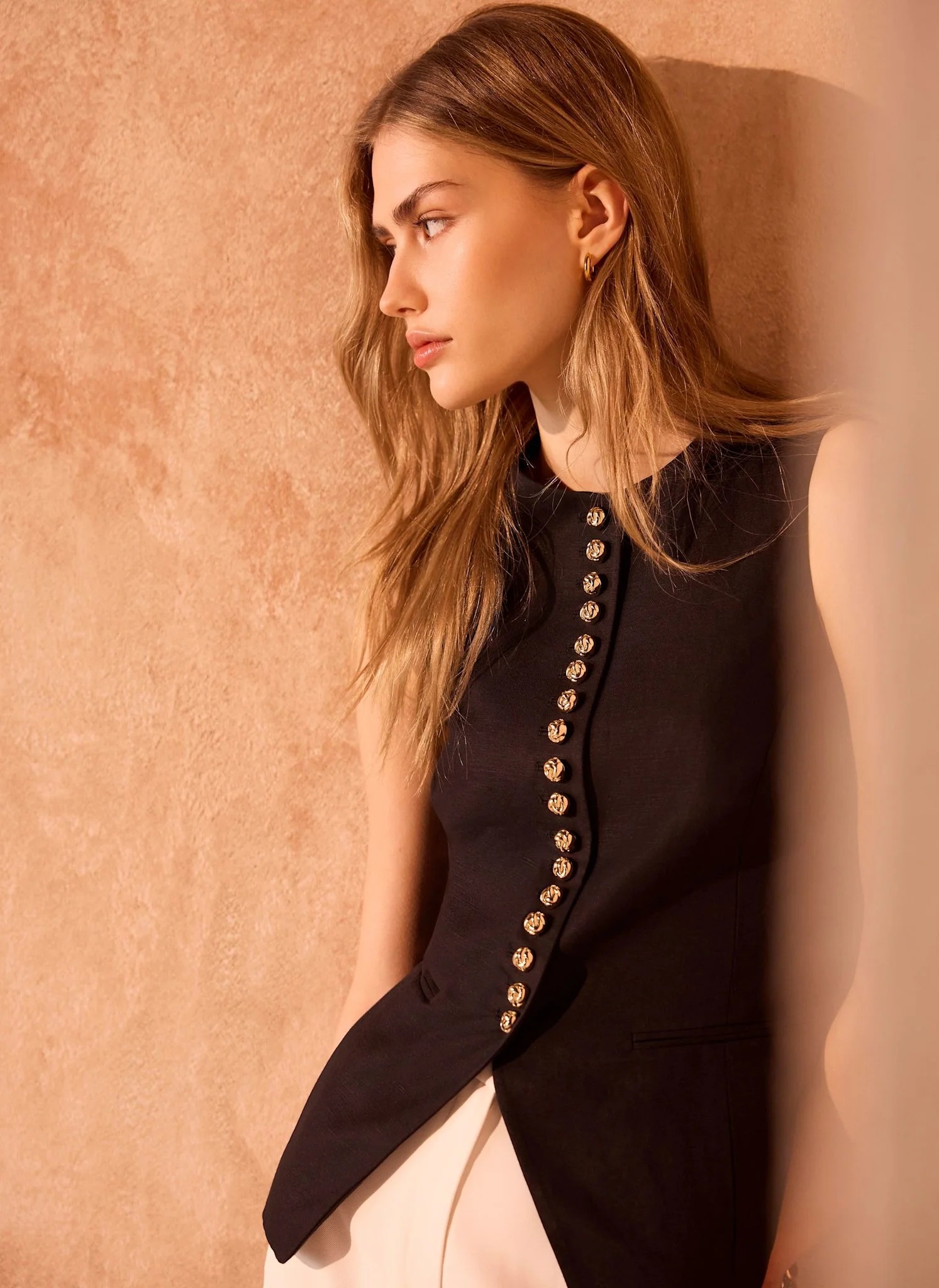 Black Linen Blend Button Detail Waistcoat - Image 6