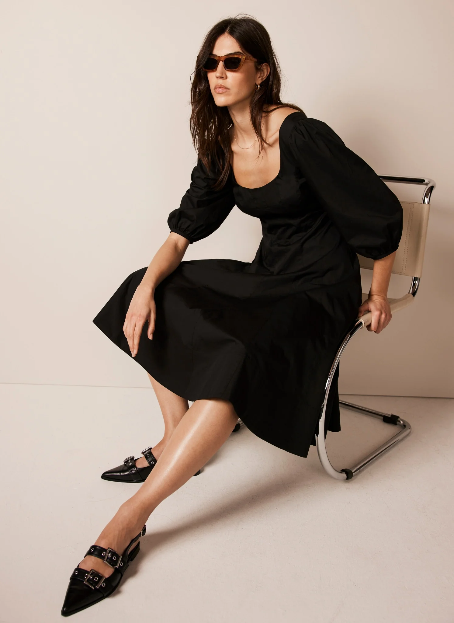 Black Cotton Puff Sleeve Midi Dress - Image 2