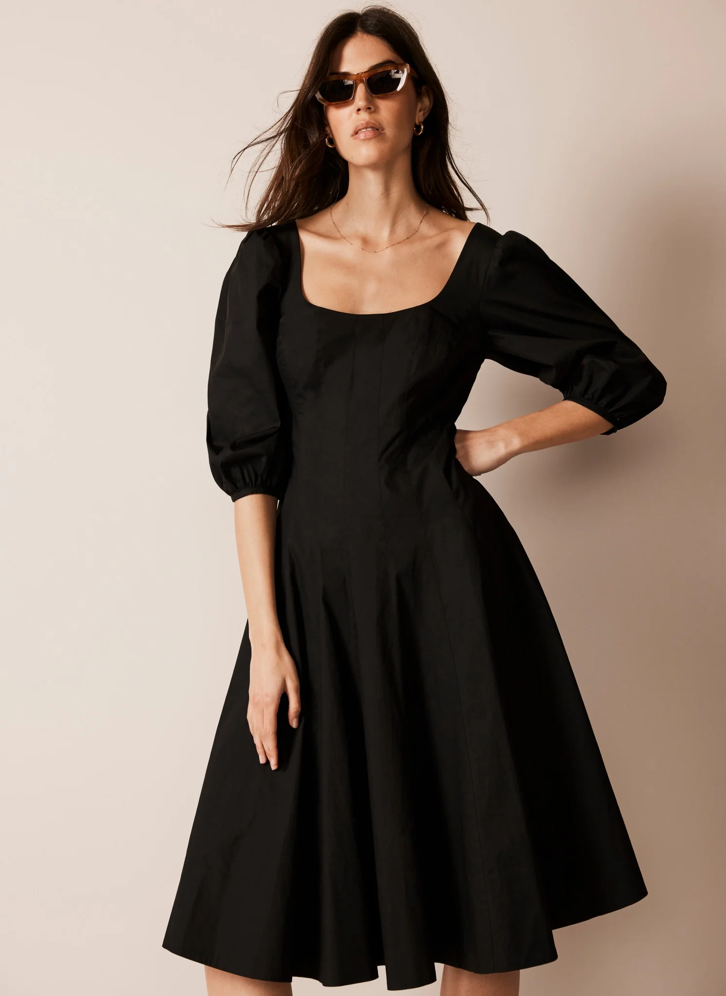 Black Cotton Puff Sleeve Midi Dress - Image 6