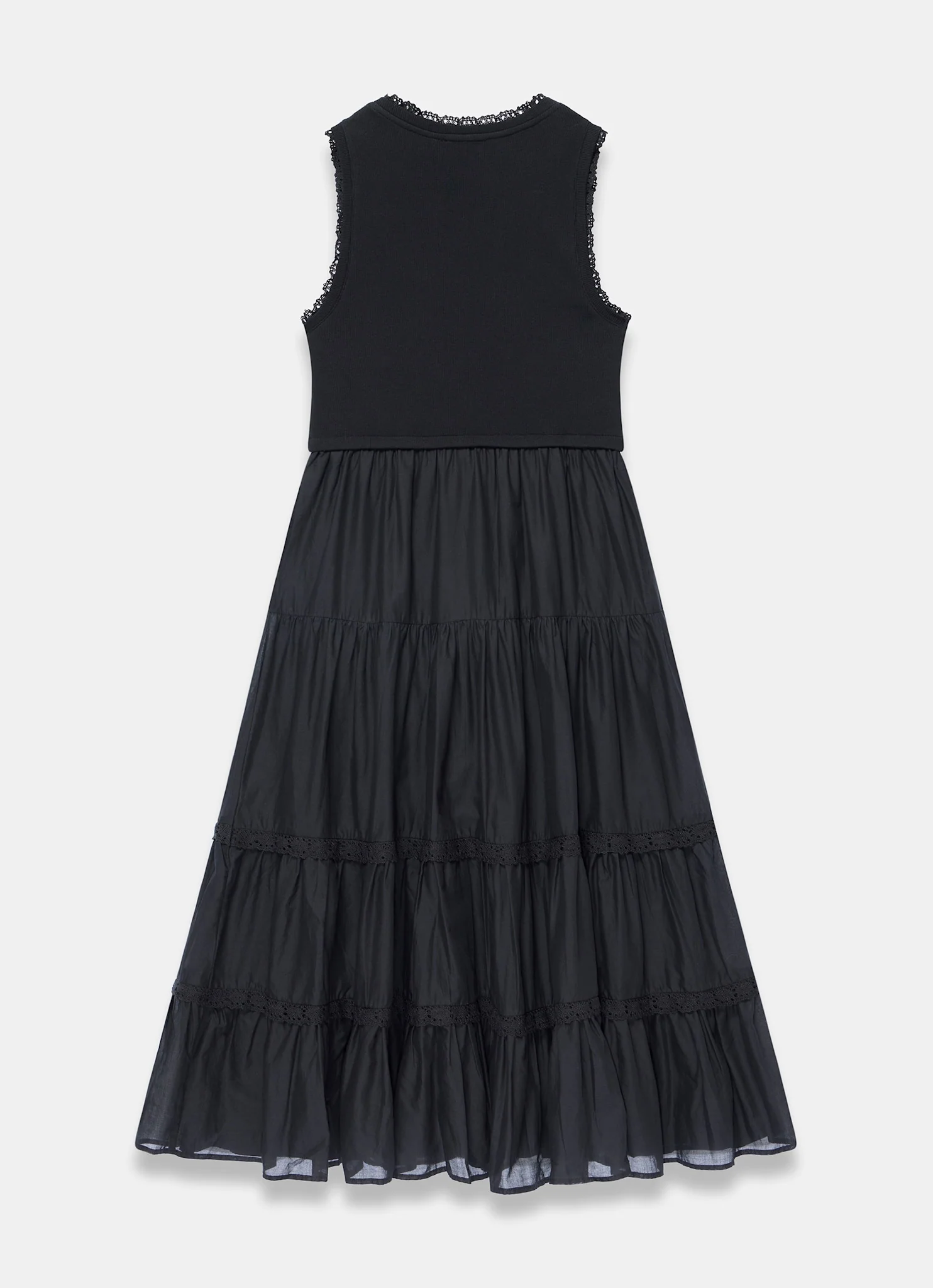 Black Crochet Trim Tiered Midi Dress - Image 8