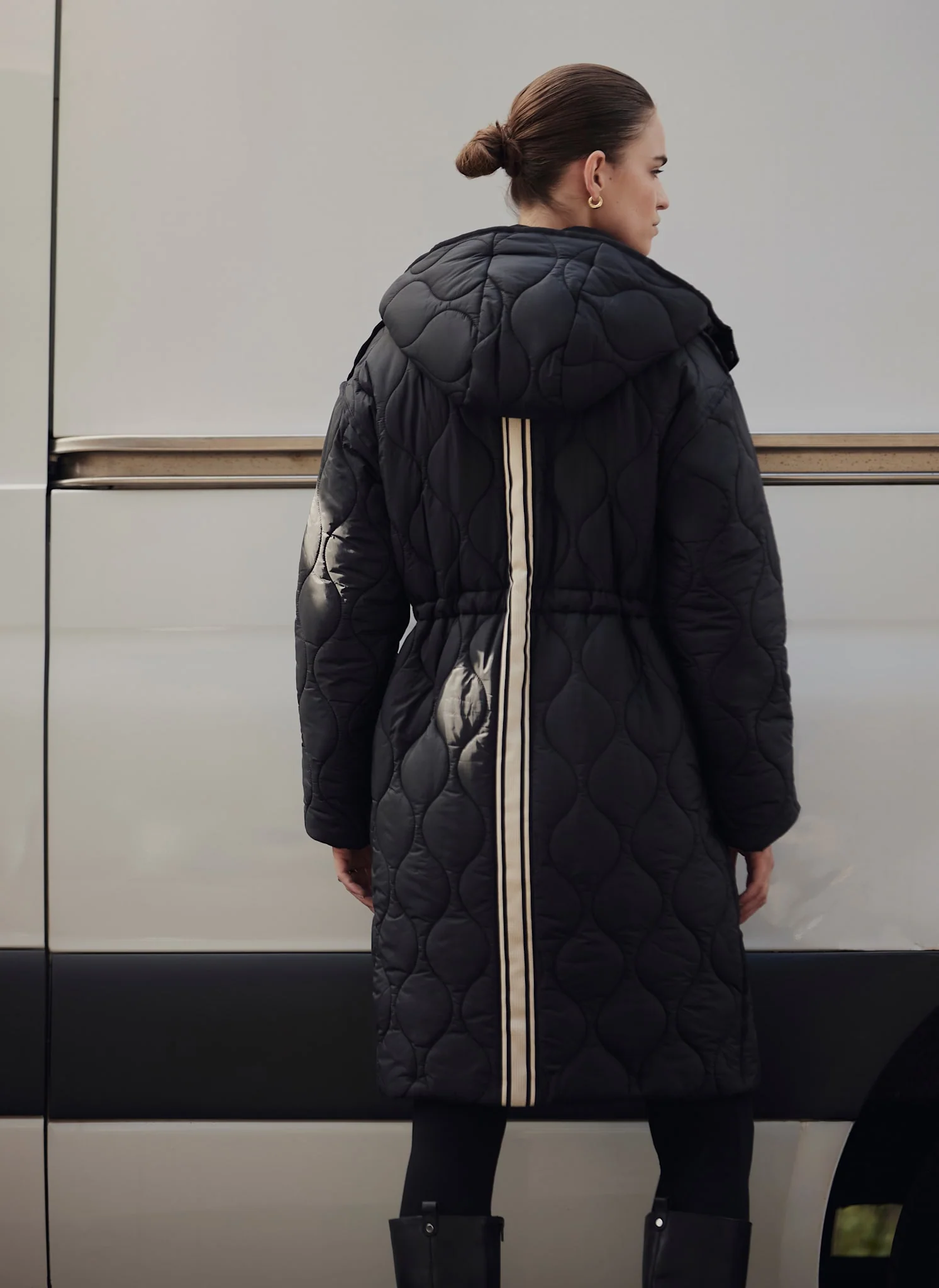 Black Double Layer Quilted Coat - Image 3