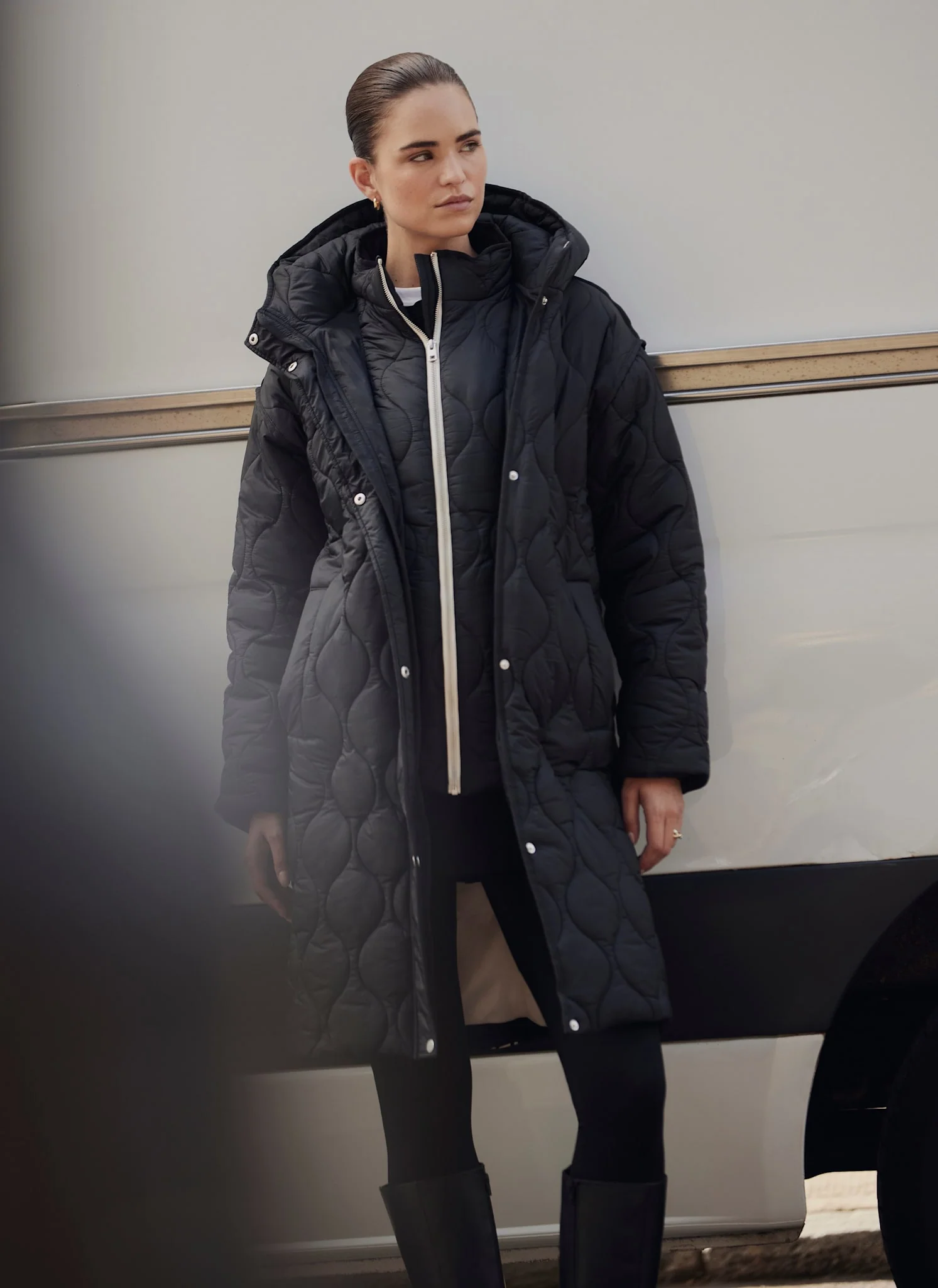 Black Double Layer Quilted Coat - Image 4