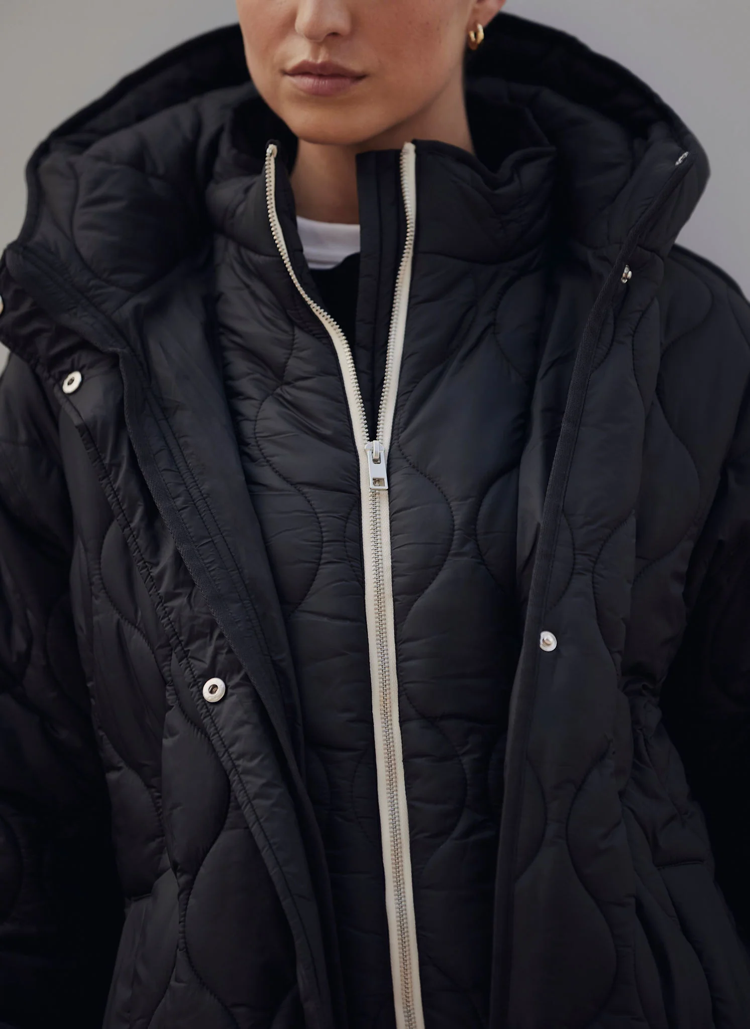 Black Double Layer Quilted Coat - Image 5