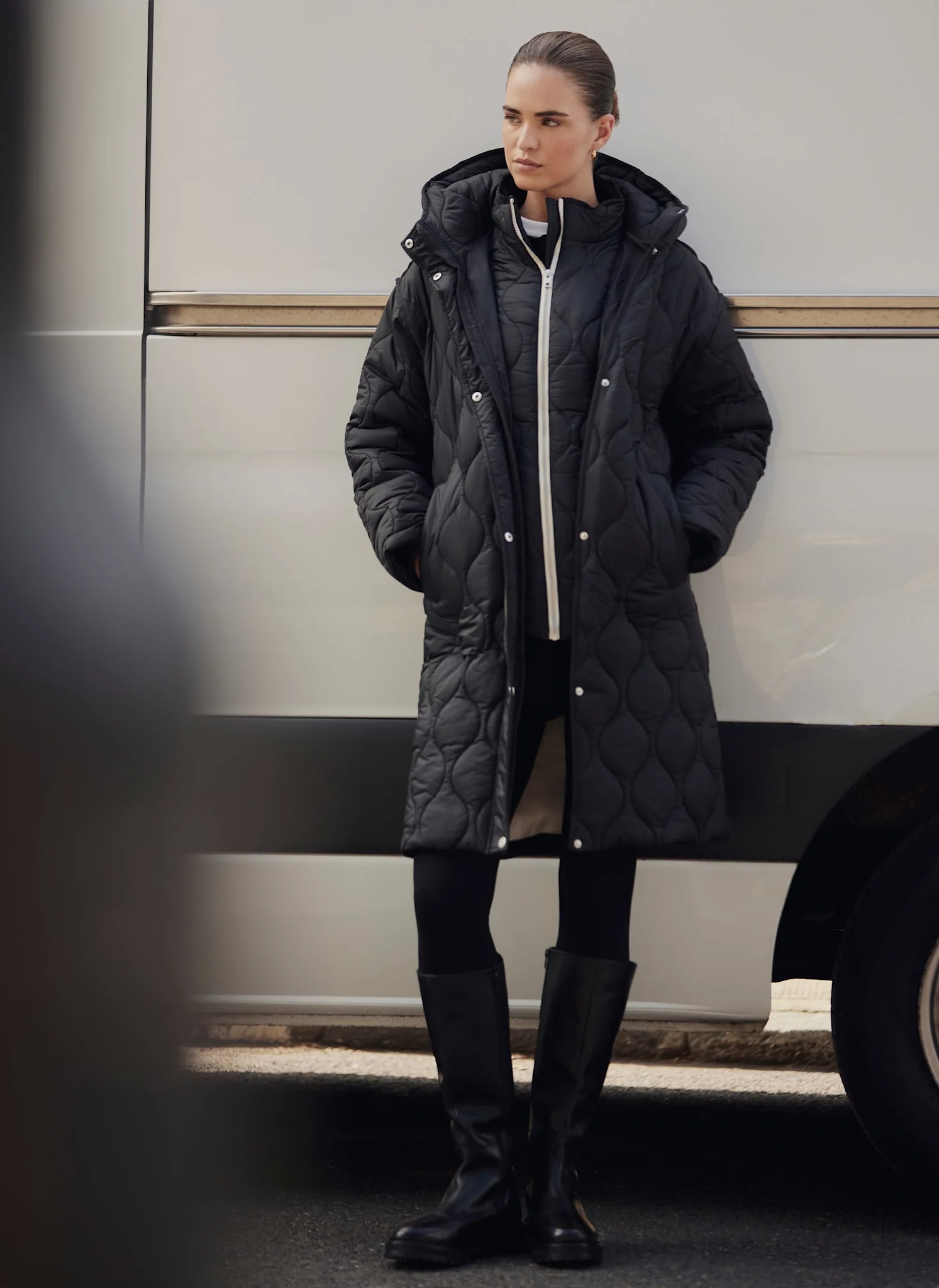 Black Double Layer Quilted Coat - Image 6