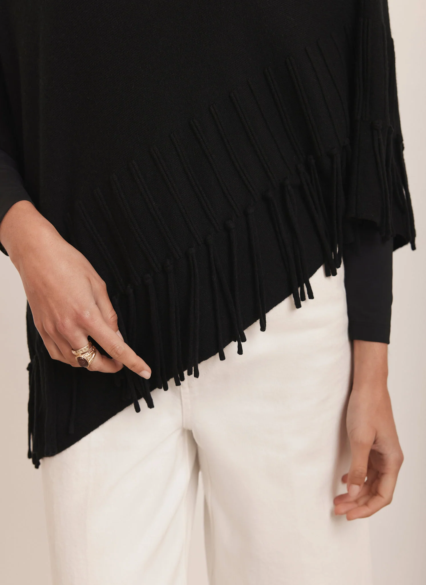 Black Cotton Blend Fringed Knit Poncho - Image 4