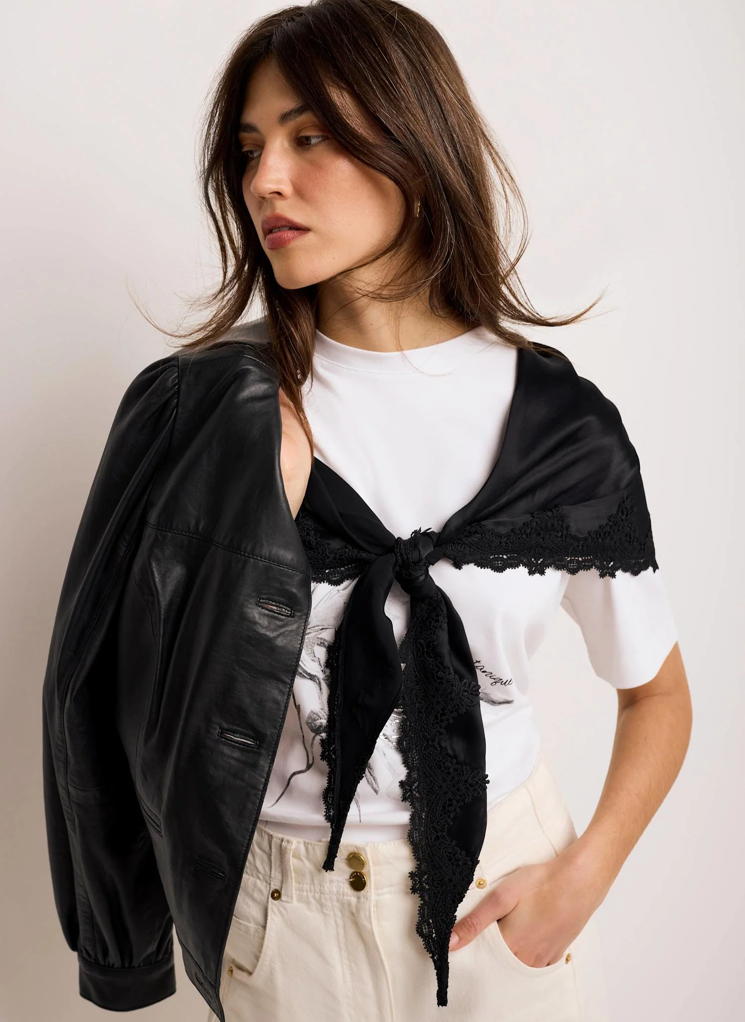 Black Satin Lace Trim Scarf - Image 4