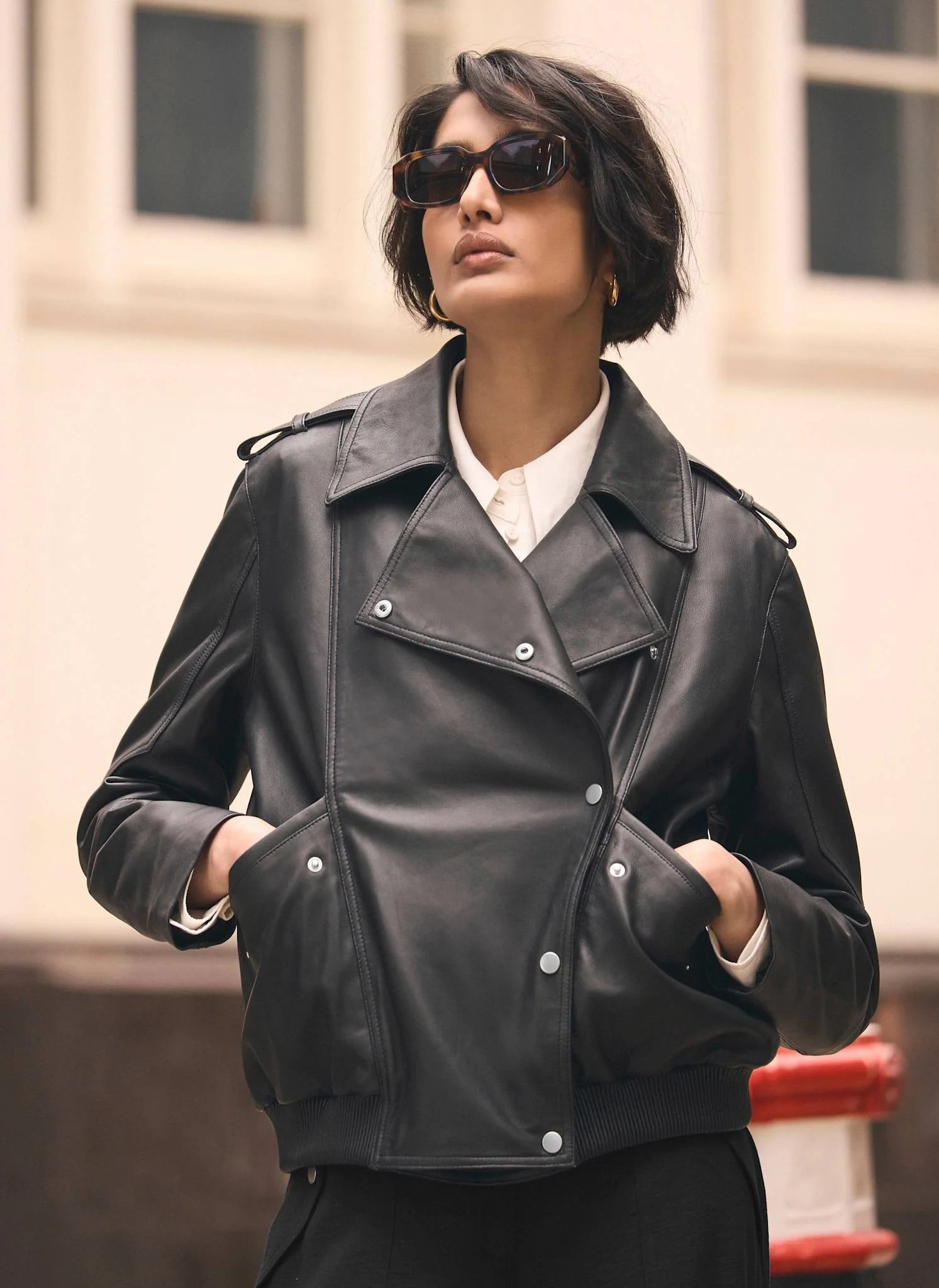 Black Leather Relaxed Biker Jacket - Image 2