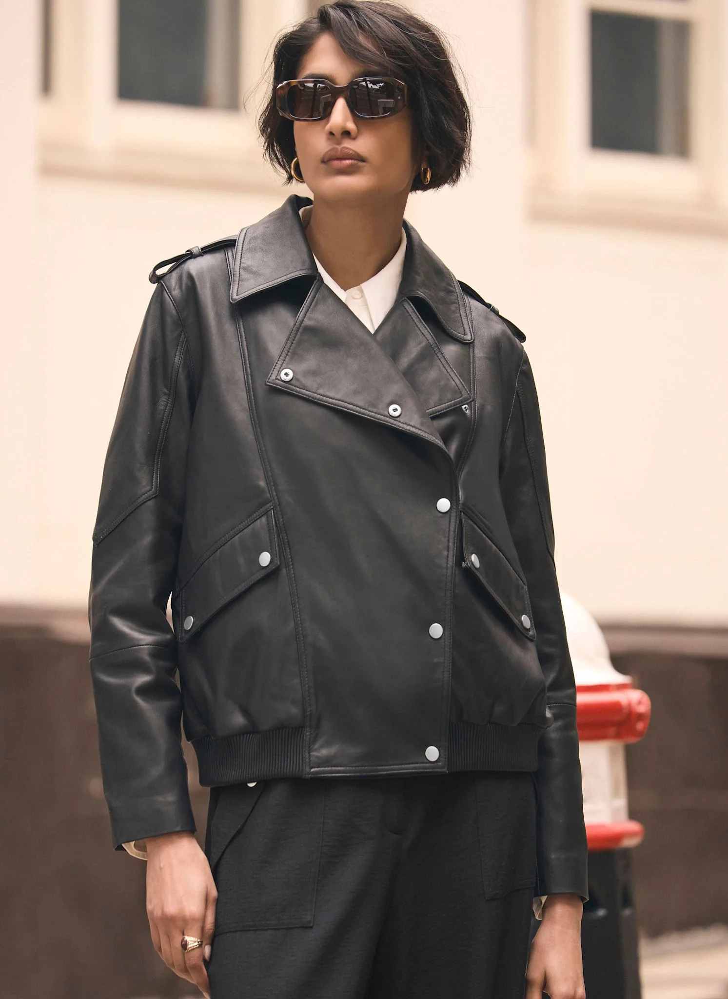 Black Leather Relaxed Biker Jacket - Image 4