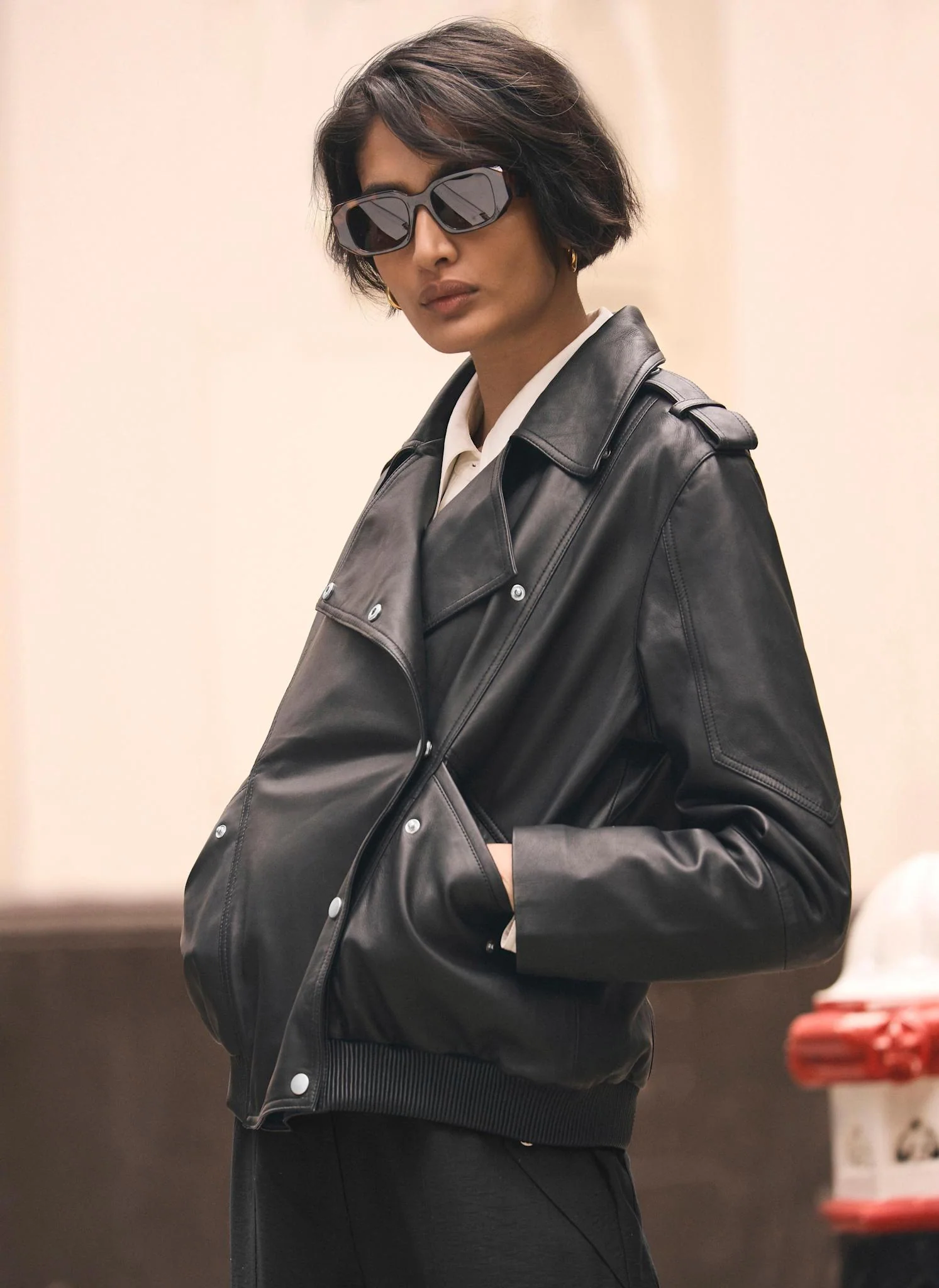Black Leather Relaxed Biker Jacket - Image 5