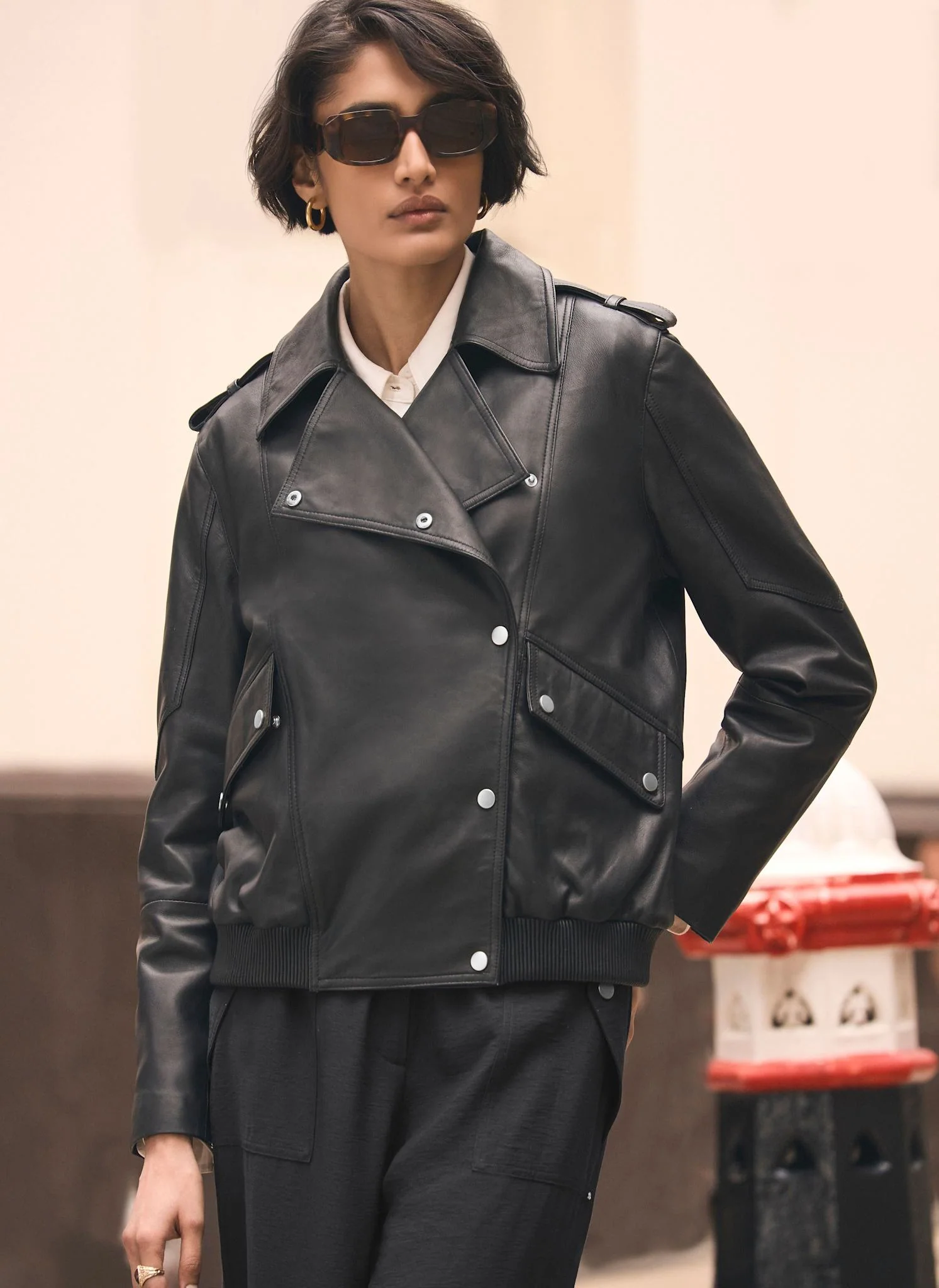 Black Leather Relaxed Biker Jacket - Image 6