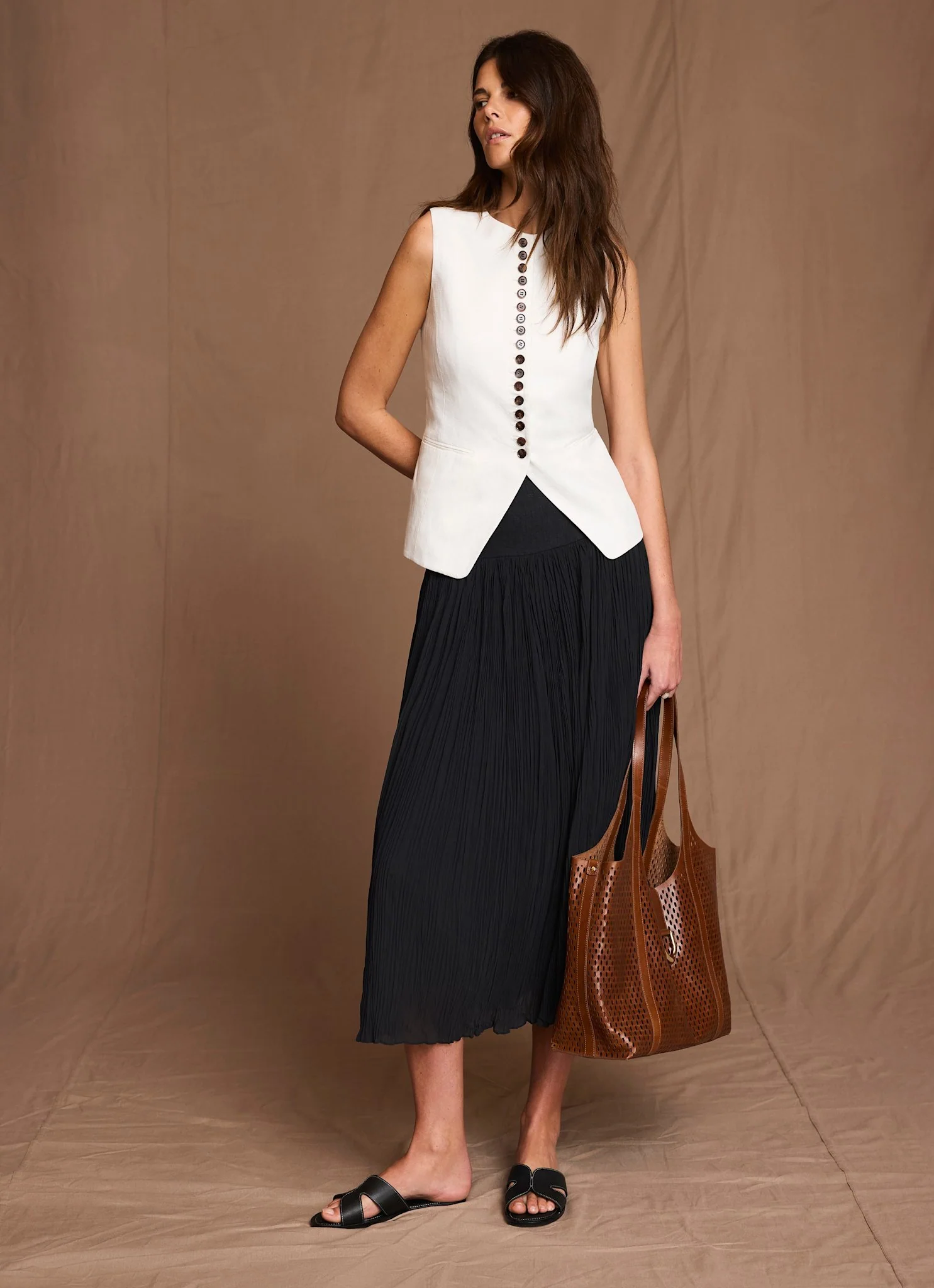 Black Drop Waist Crinkle Midi Skirt