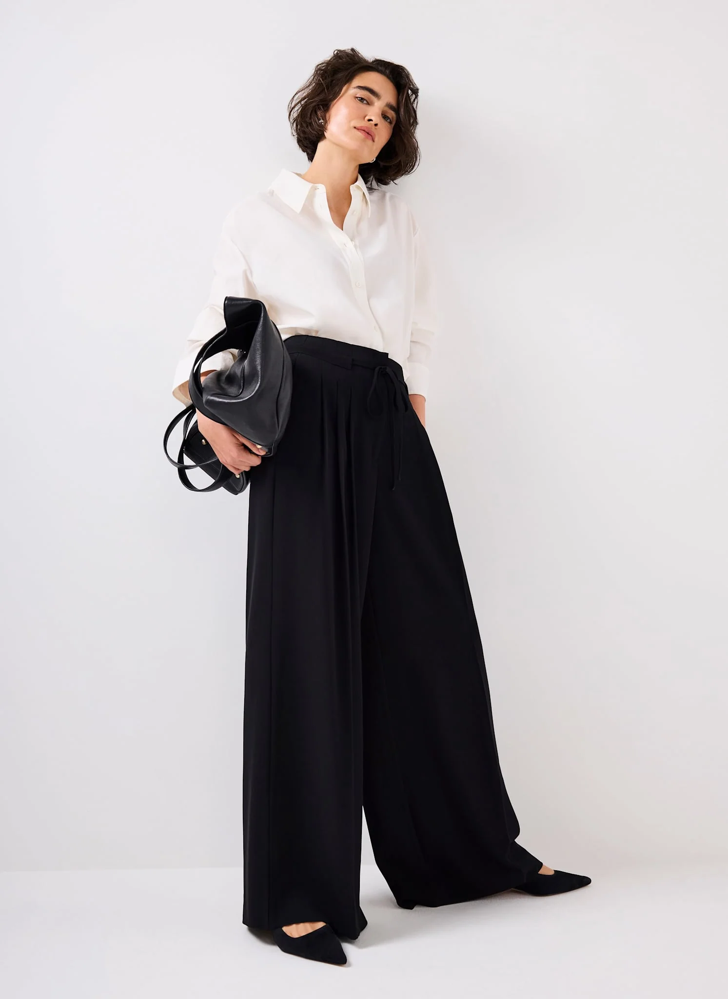Black Tie Waist Pleated Wide Trousers - Image 2