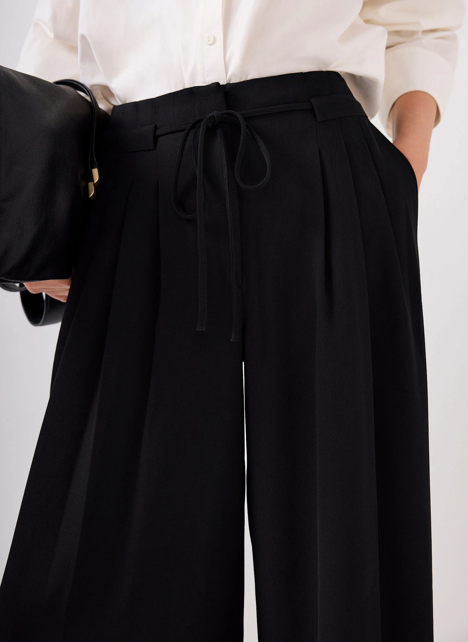 Black Tie Waist Pleated Wide Trousers - Image 3