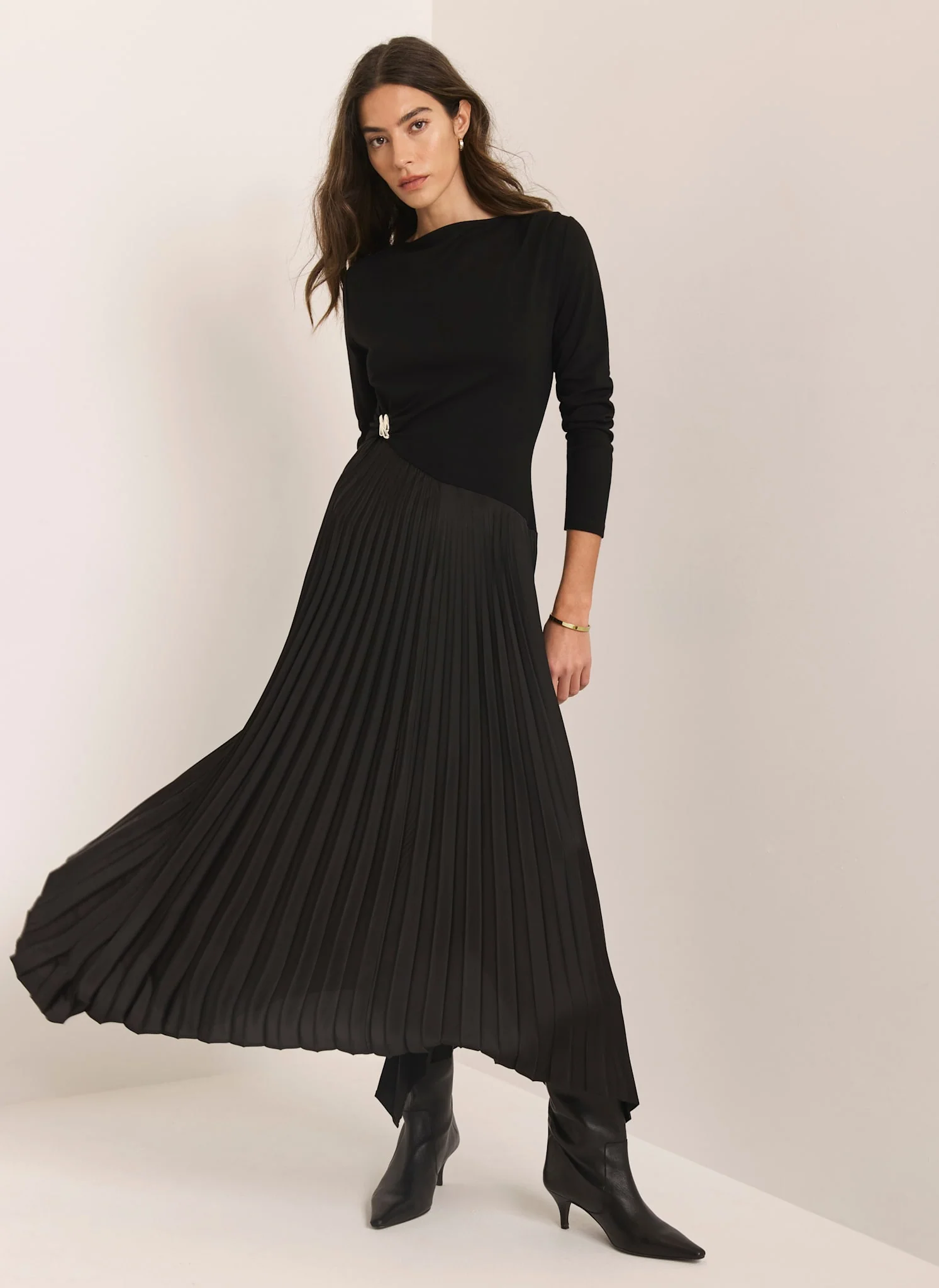 Black Pleated Asymmetric Midi Dress - Image 4
