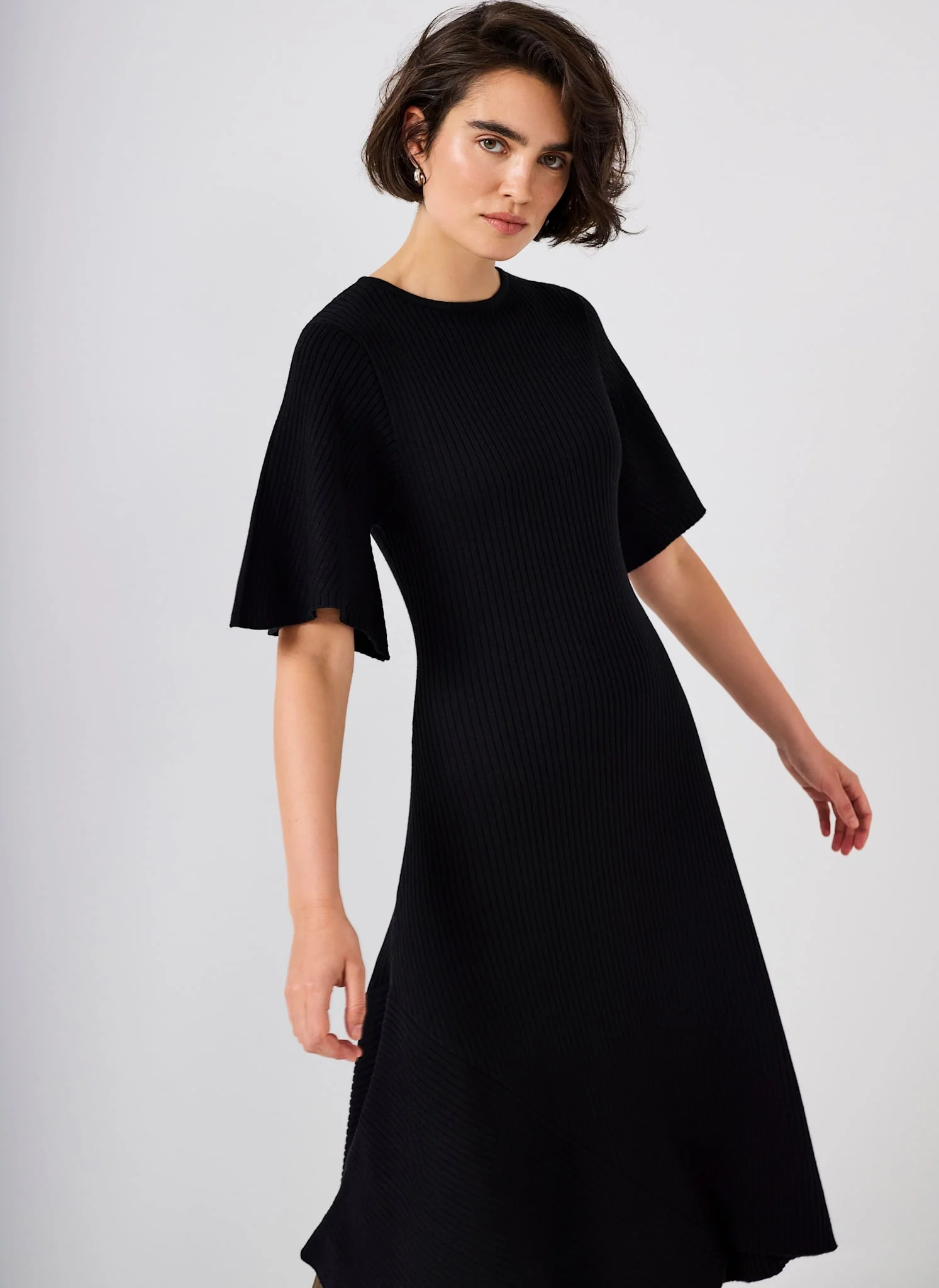 Black Rib Knit Asymmetric Dress - Image 3