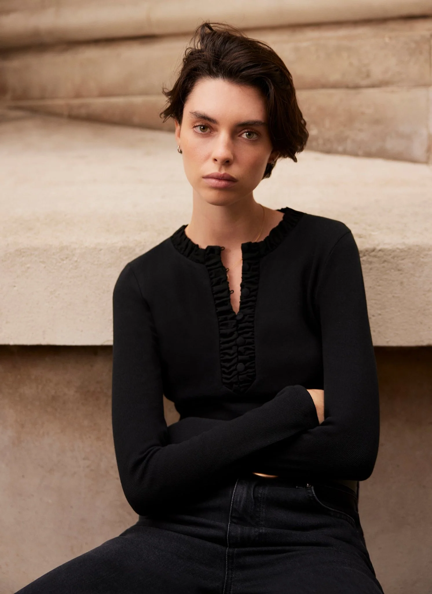 Black Ruched Cotton Blend Henley Top