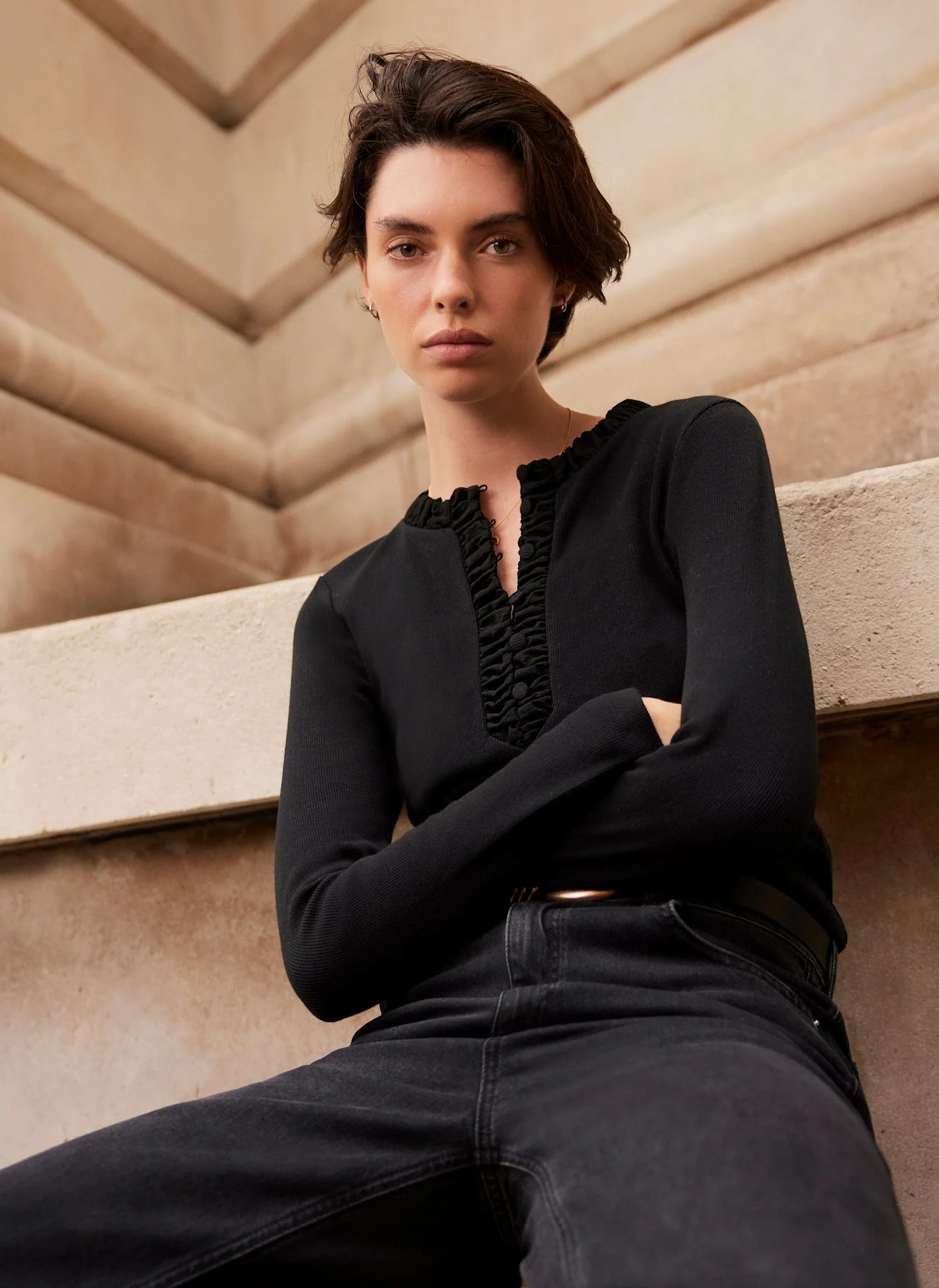 Black Ruched Cotton Blend Henley Top - Image 2