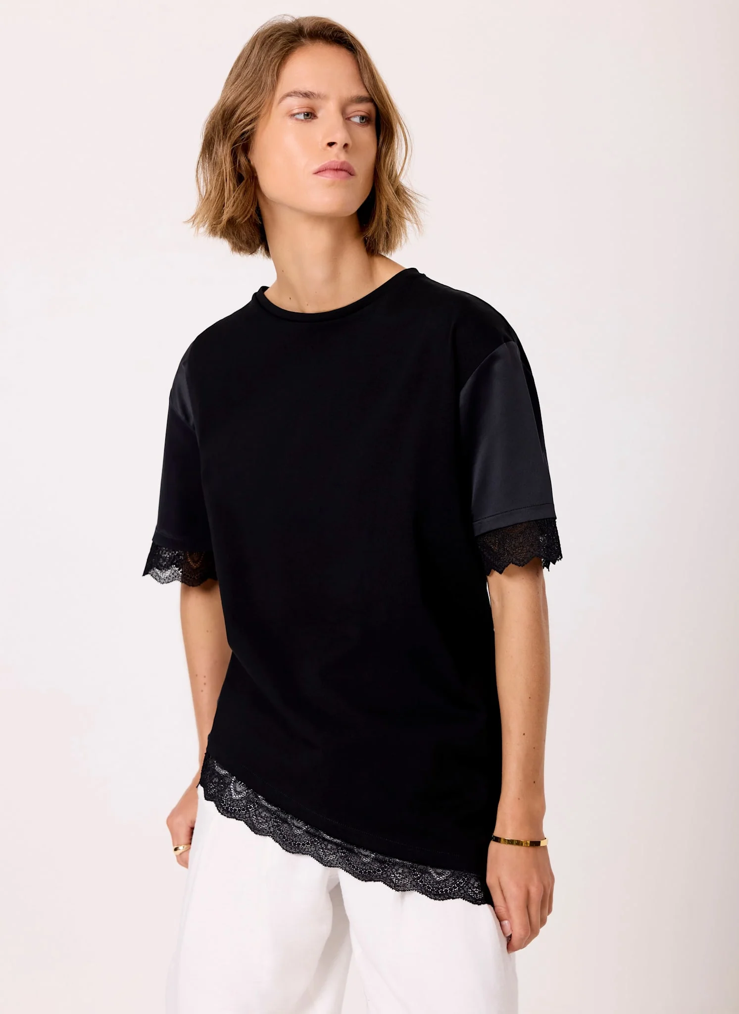 Black Satin Mix Lace Trim Top - Image 5