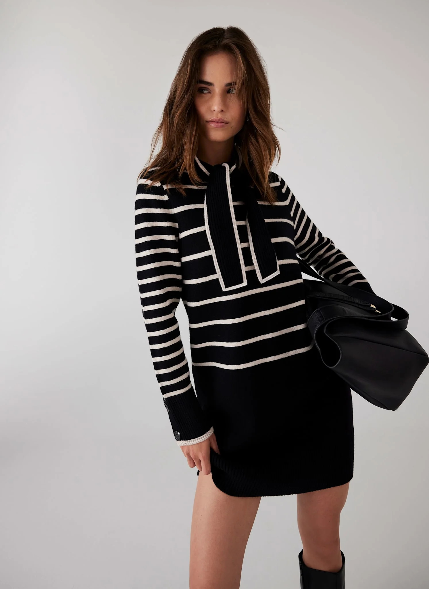Black Striped Scarf Detail Knit Mini Dress - Image 2