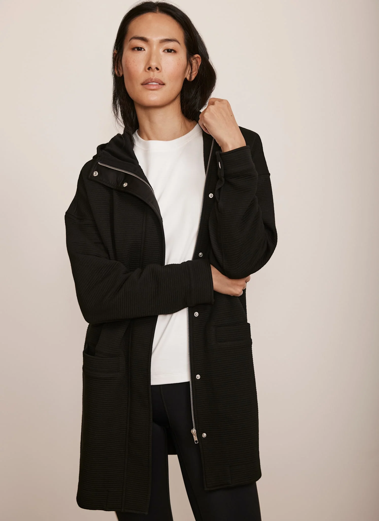 Black Textured Hooded Coat