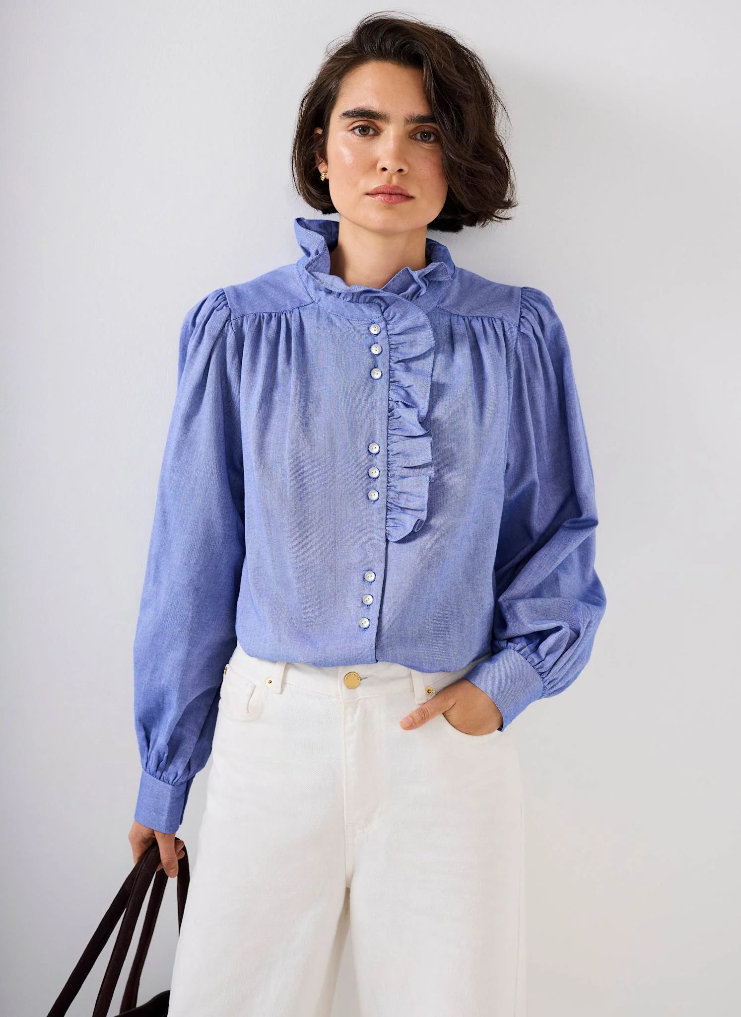 Mid Blue Cotton Chambray Ruffle Blouse - Image 2
