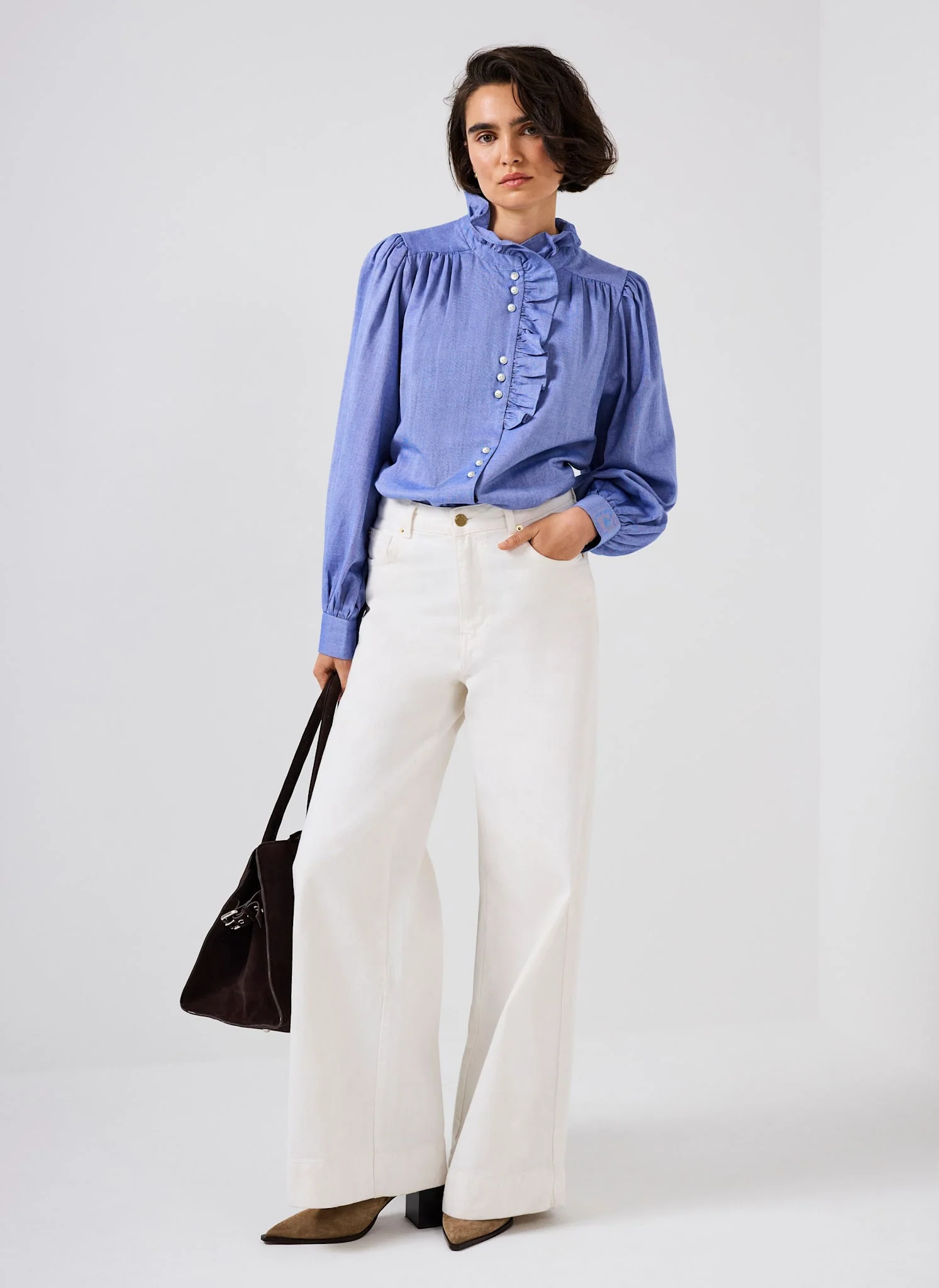 Mid Blue Cotton Chambray Ruffle Blouse - Image 3