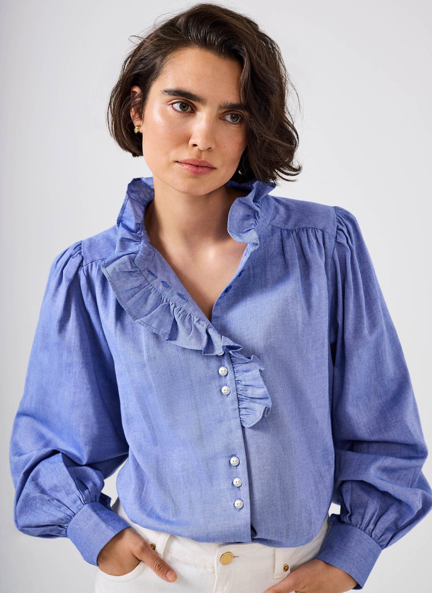 Mid Blue Cotton Chambray Ruffle Blouse - Image 4