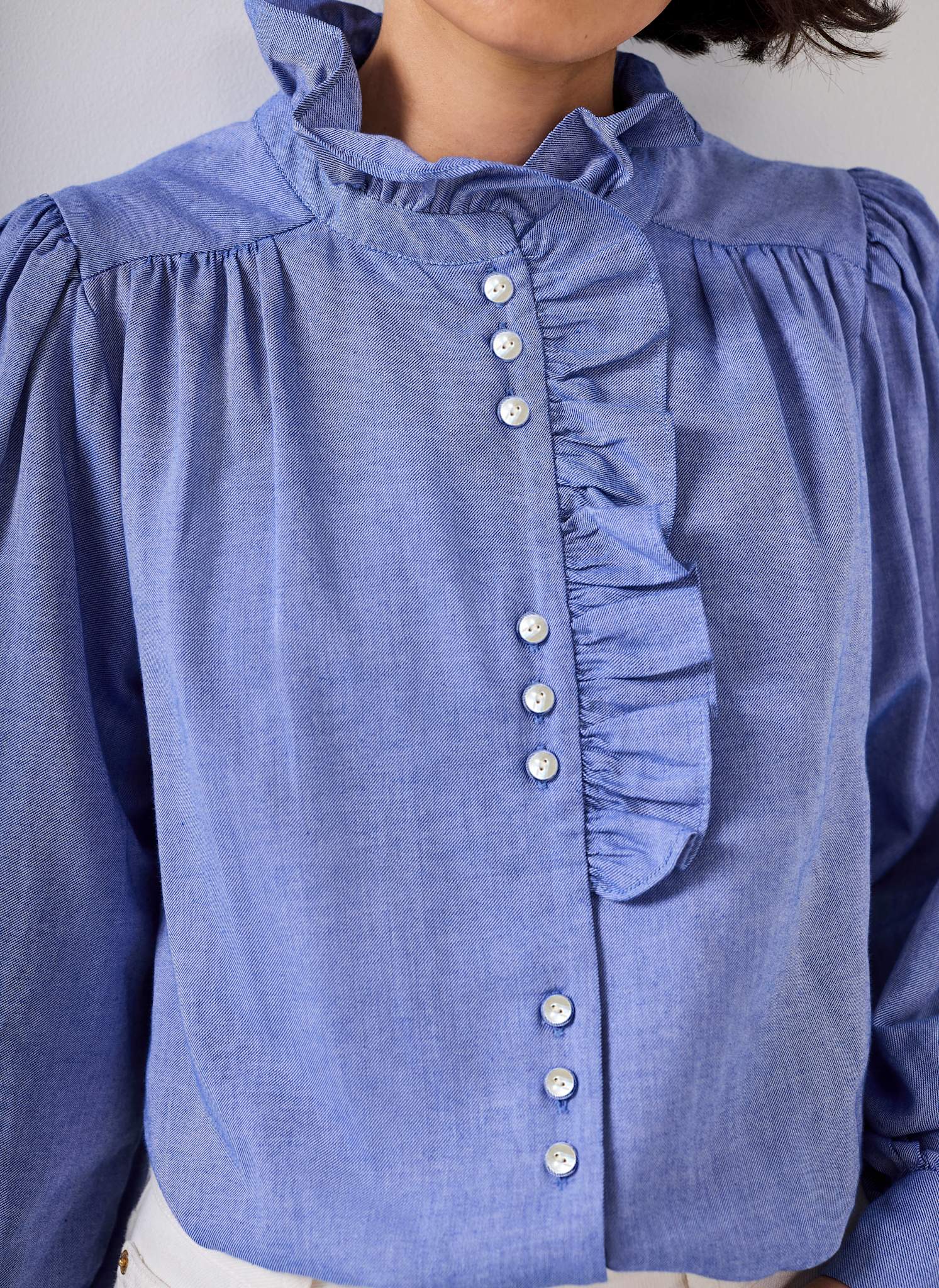 Mid Blue Cotton Chambray Ruffle Blouse - Image 5