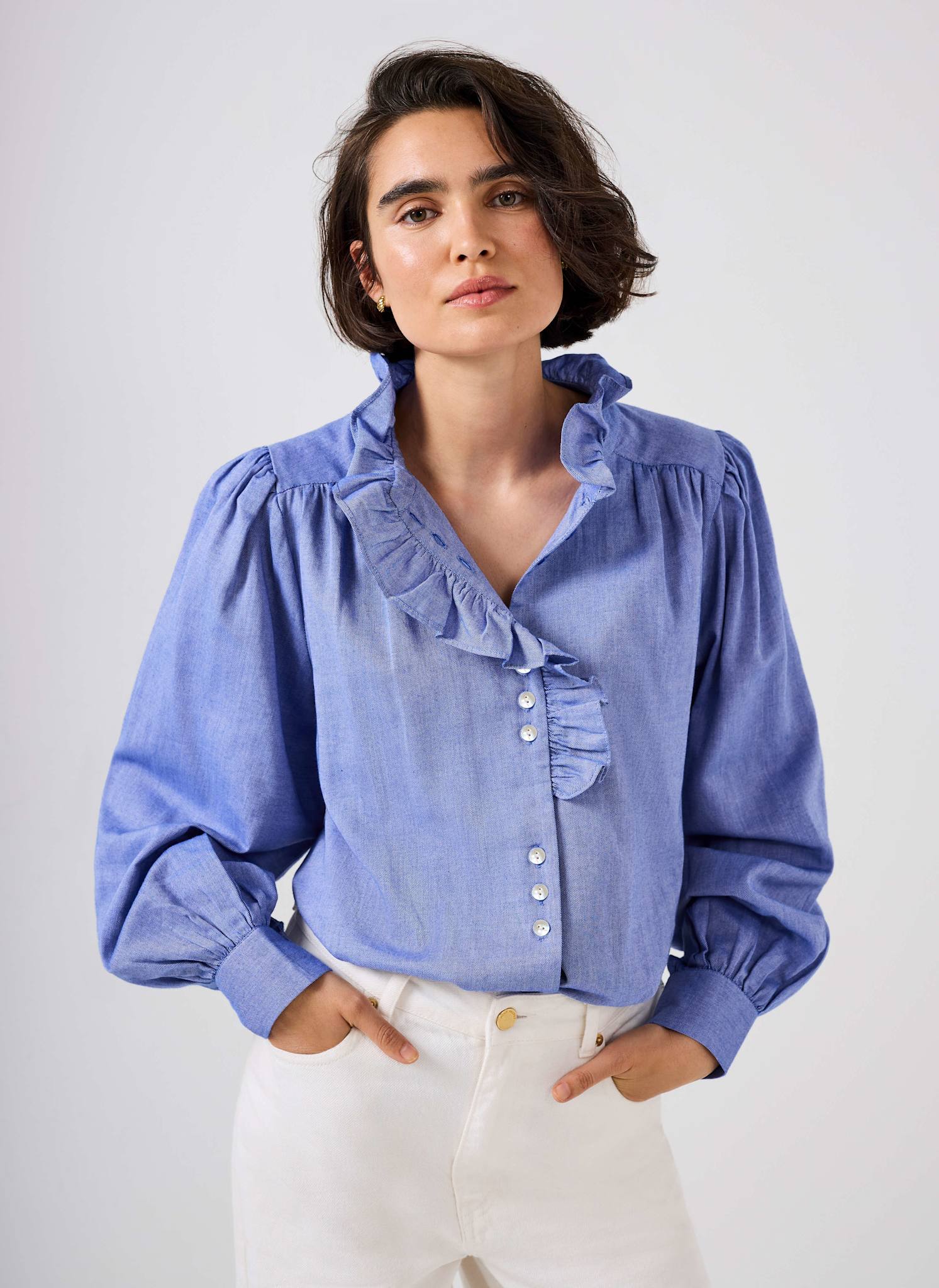 Mid Blue Cotton Chambray Ruffle Blouse - Image 6