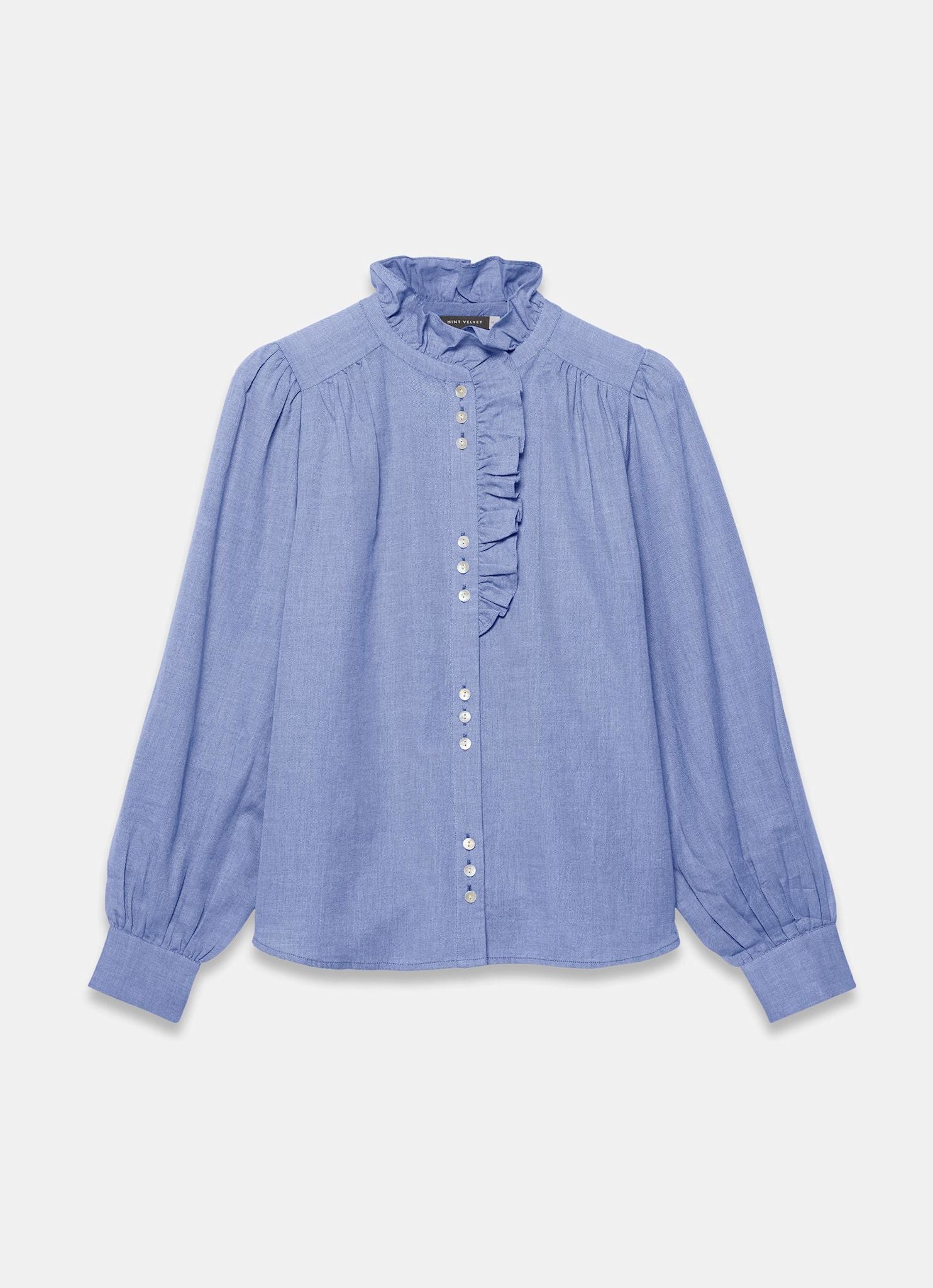 Mid Blue Cotton Chambray Ruffle Blouse - Image 7