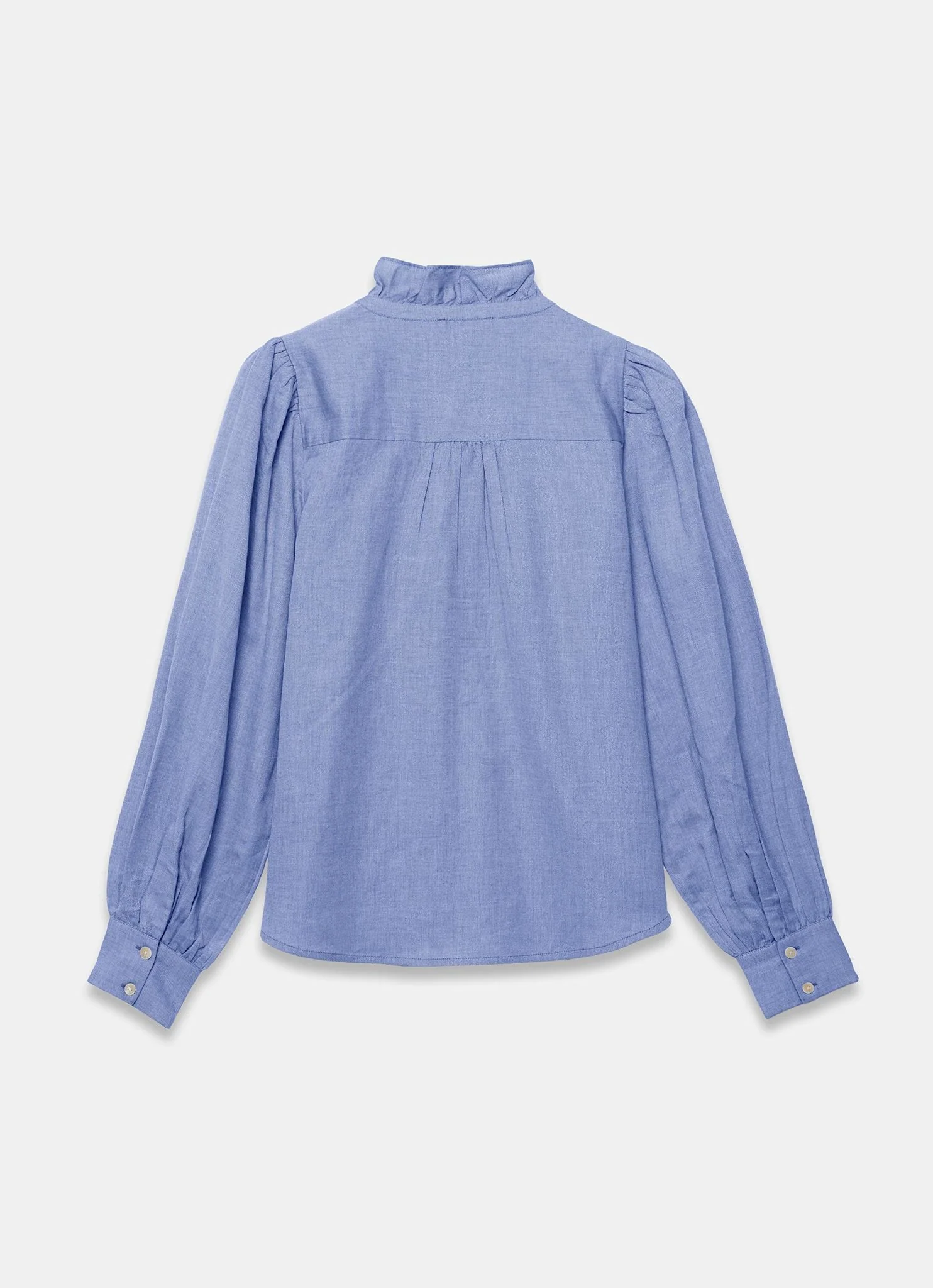 Mid Blue Cotton Chambray Ruffle Blouse - Image 8