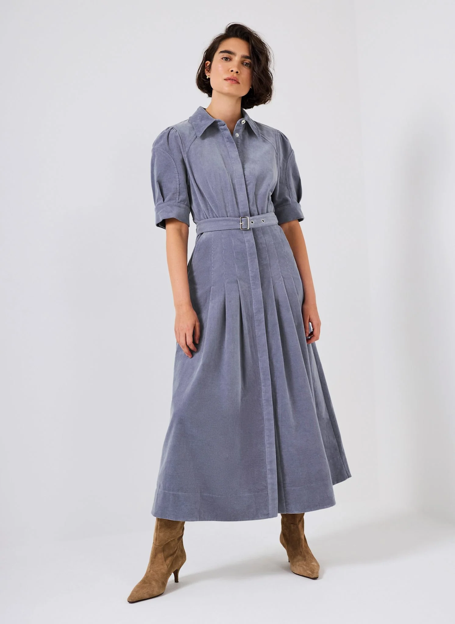 Blue Corduroy Belted Midi Dress - Image 2