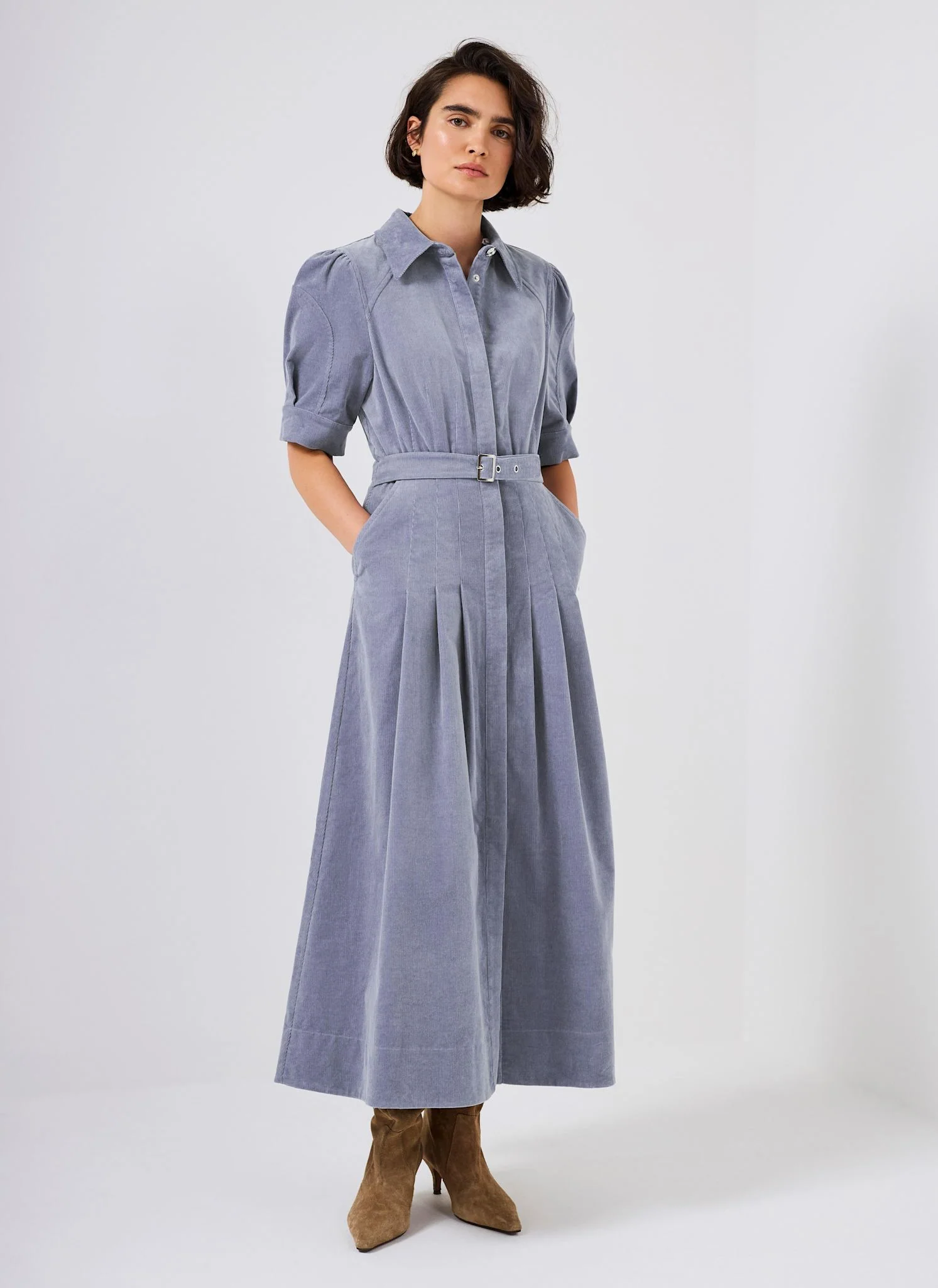 Blue Corduroy Belted Midi Dress - Image 4