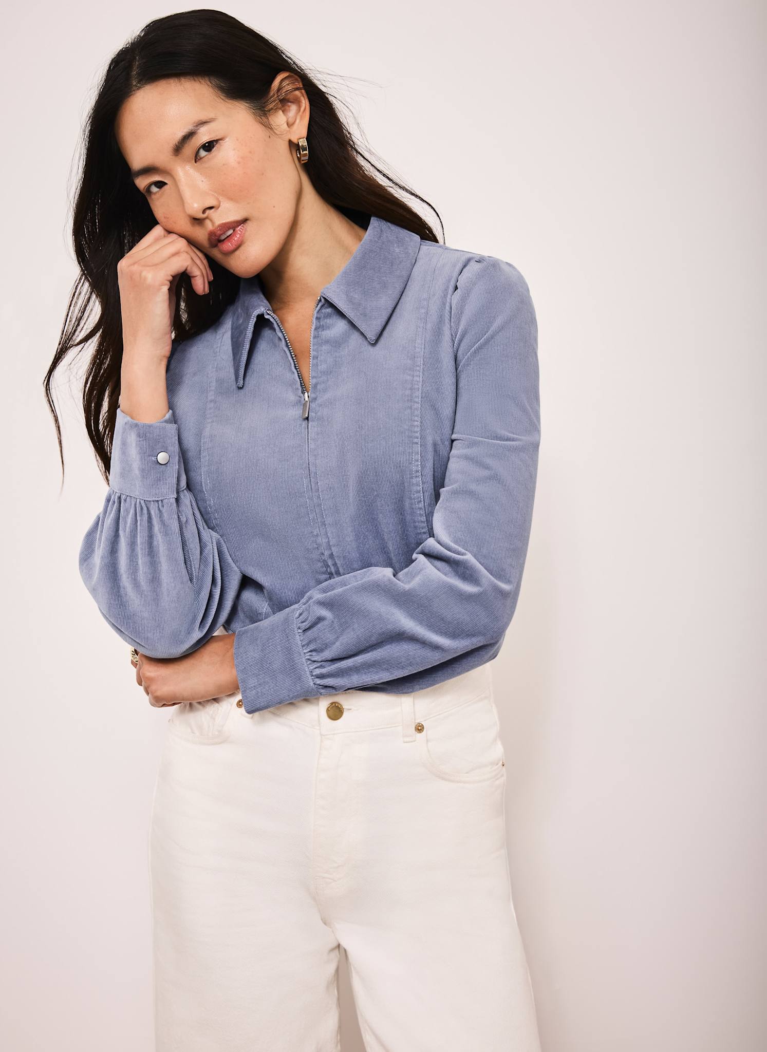 Blue Corduroy Zip Front Shirt - Image 3
